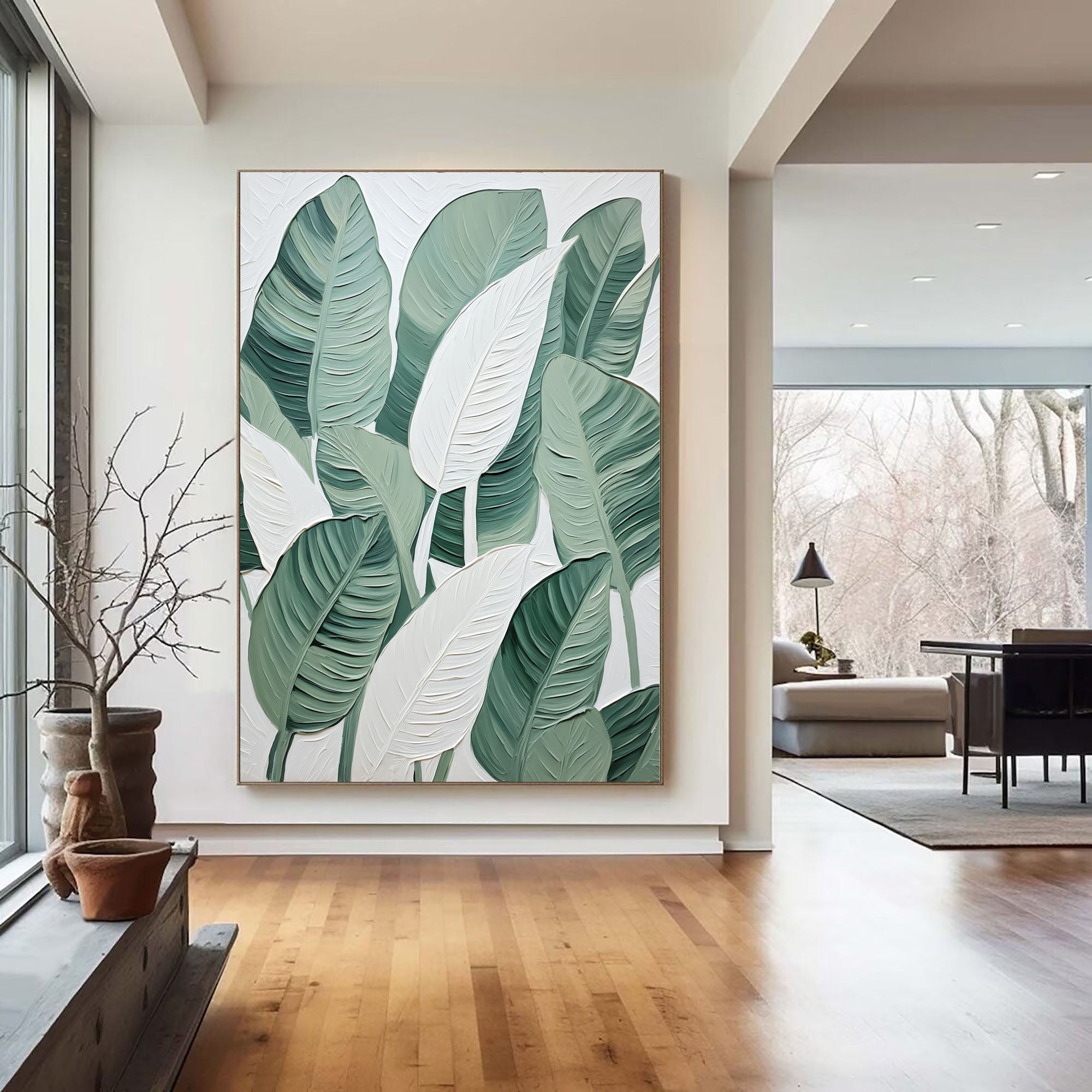 Leaf Symphony: Green and White Botanical Wall Art #BGM 049
