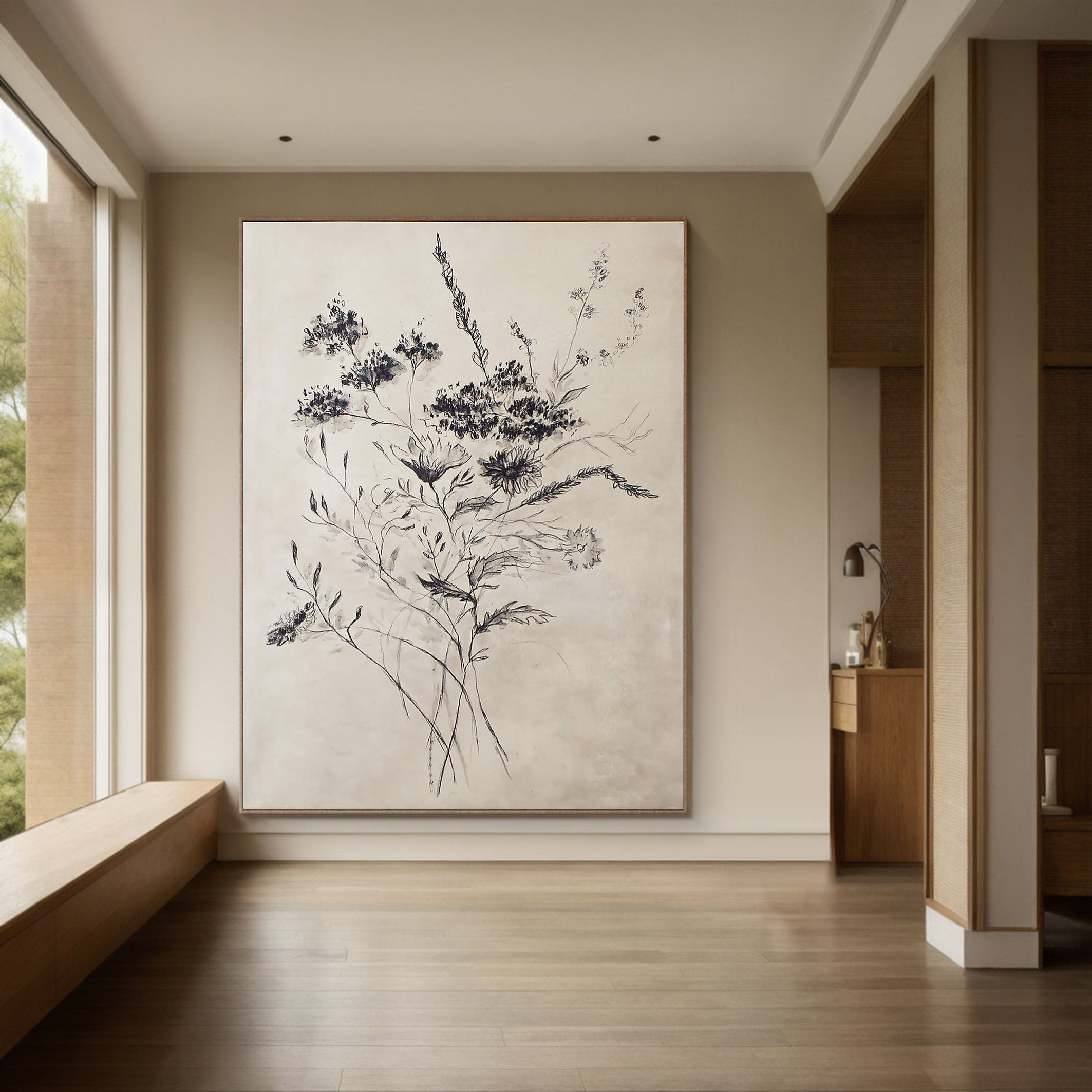Beige Flower Drawing With Black Line, Contemporary Wall Art #BGA 095 - Image 3