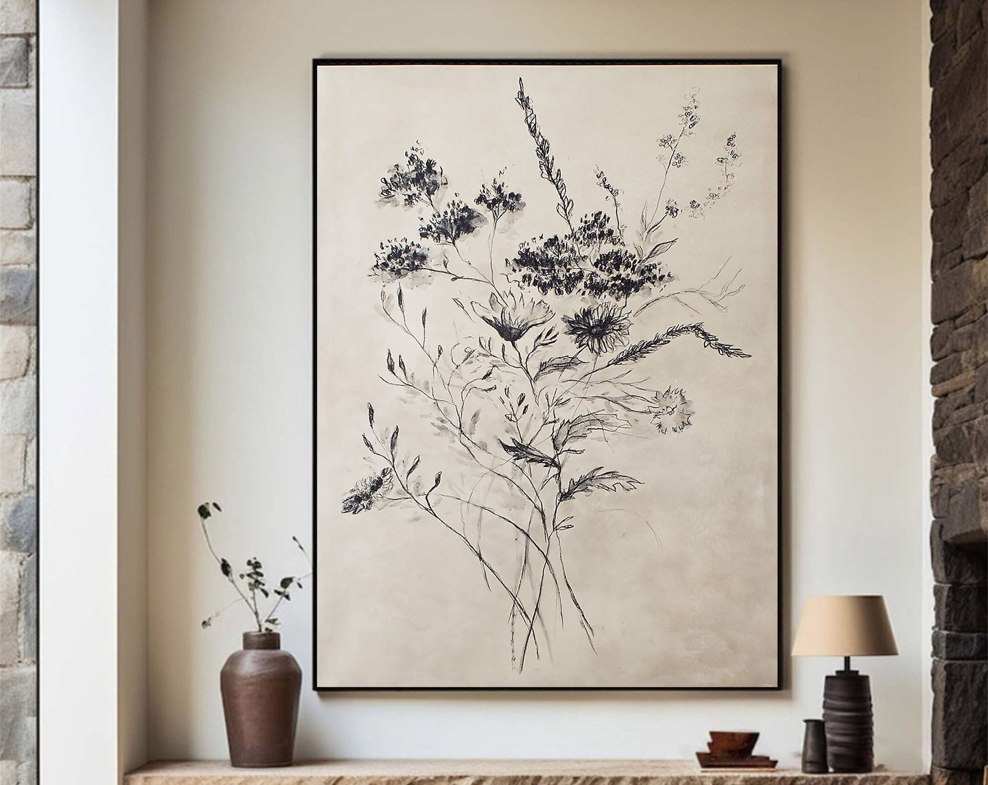 Beige Flower Drawing With Black Line, Contemporary Wall Art #BGA 095 - Image 6
