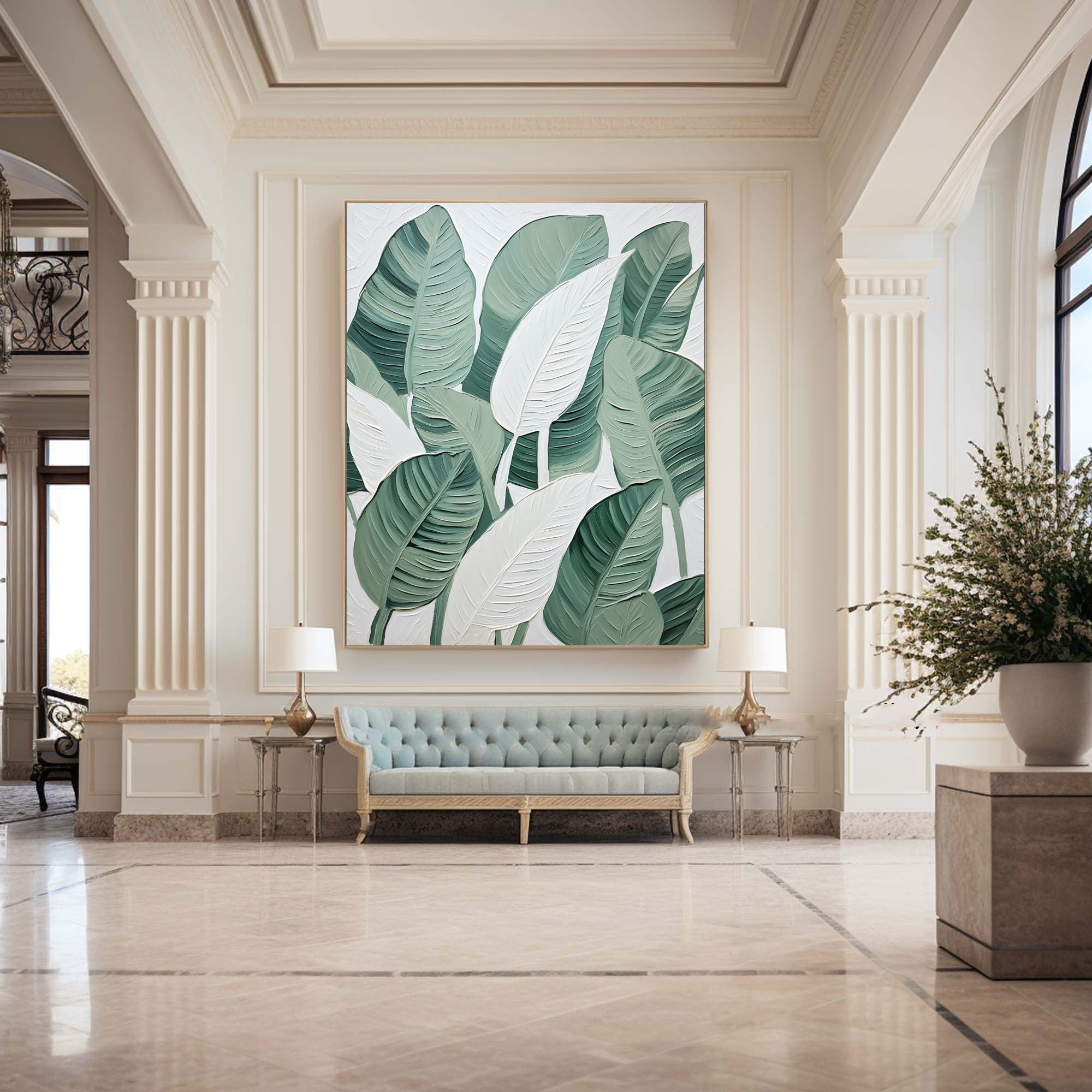 Leaf Symphony: Green and White Botanical Wall Art #BGM 049 - Image 7