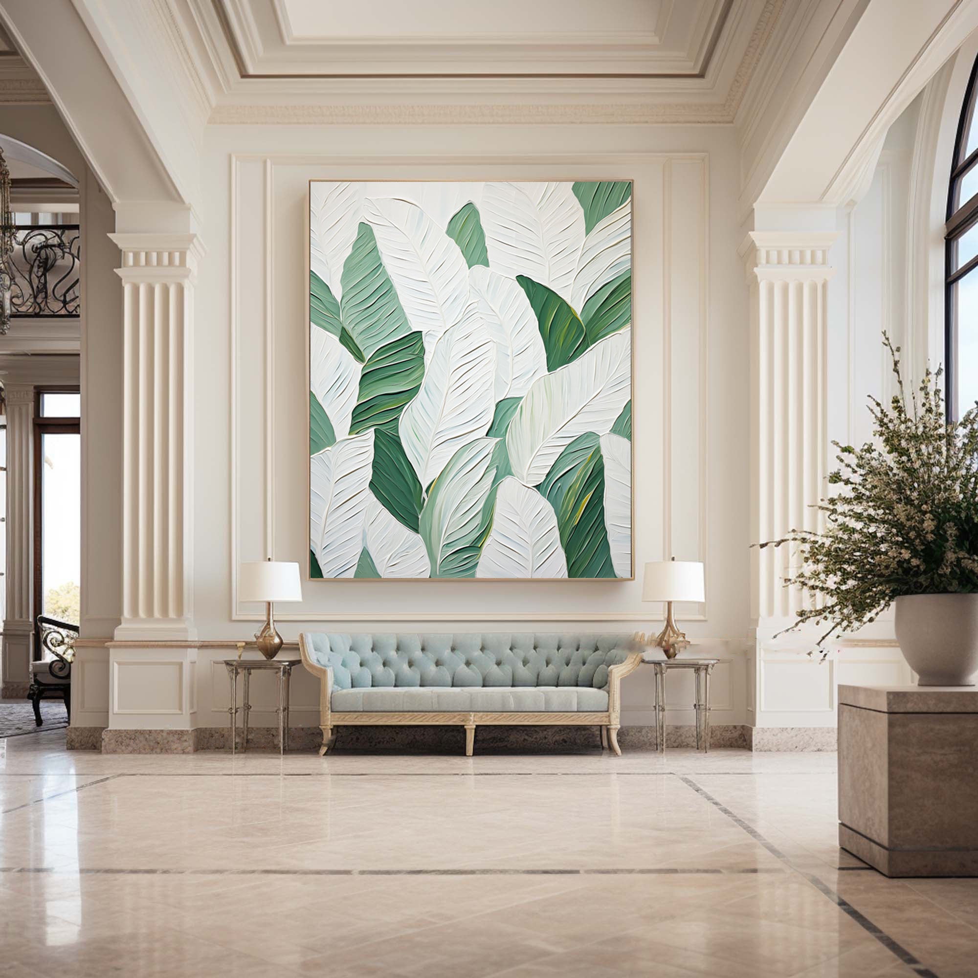 Leaf Symphony: Green and White Botanical Wall Art #BGM 050 - Image 7