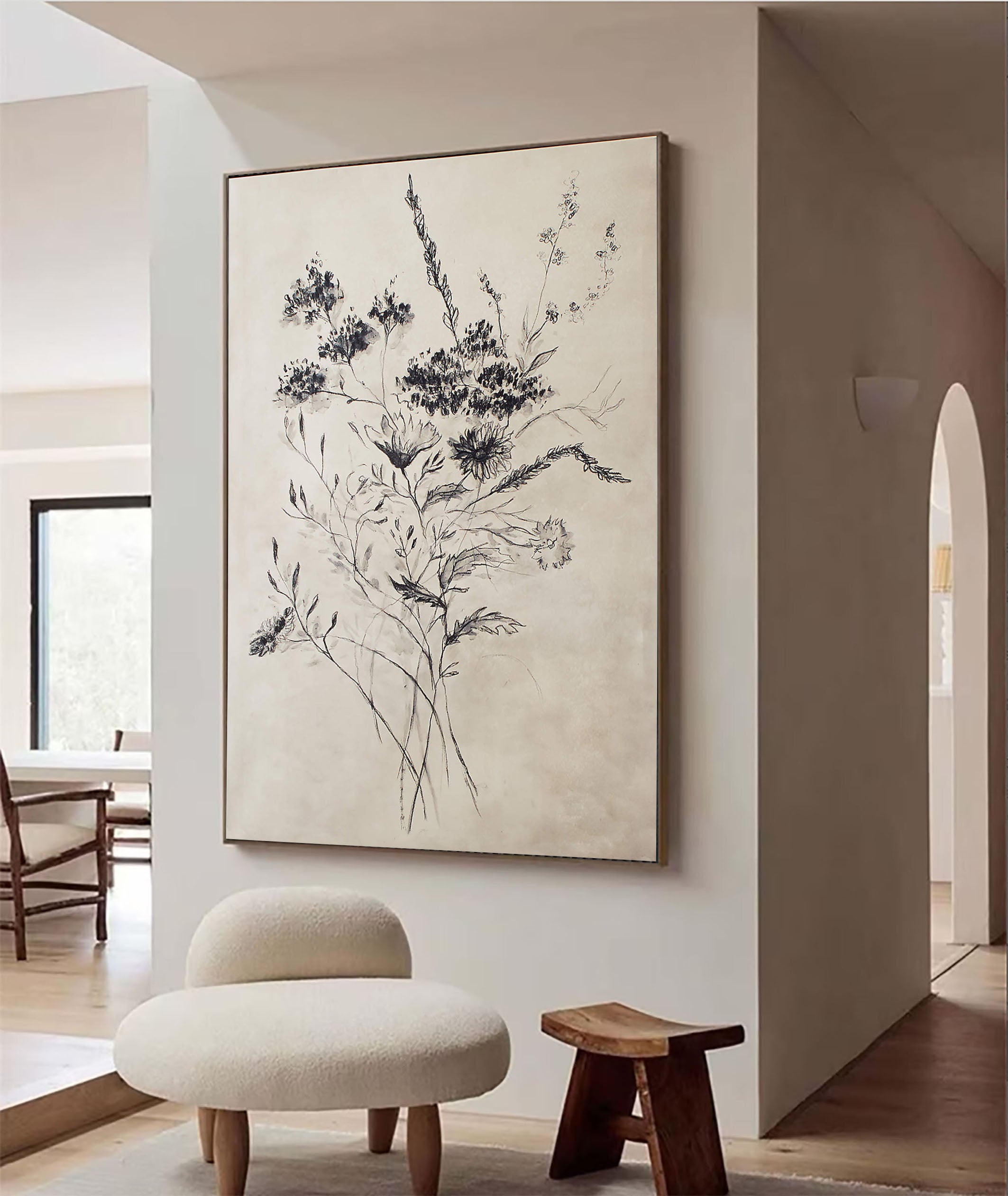 Beige Flower Drawing With Black Line, Contemporary Wall Art #BGA 095 - Image 7