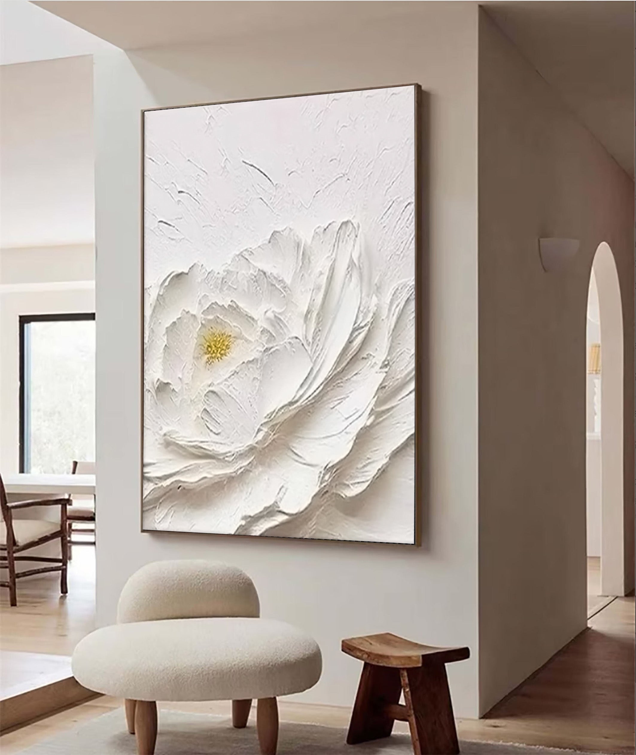 Textured Petals: White Flower Relief, Sculptural Floral Art #BGA 196 - Image 4