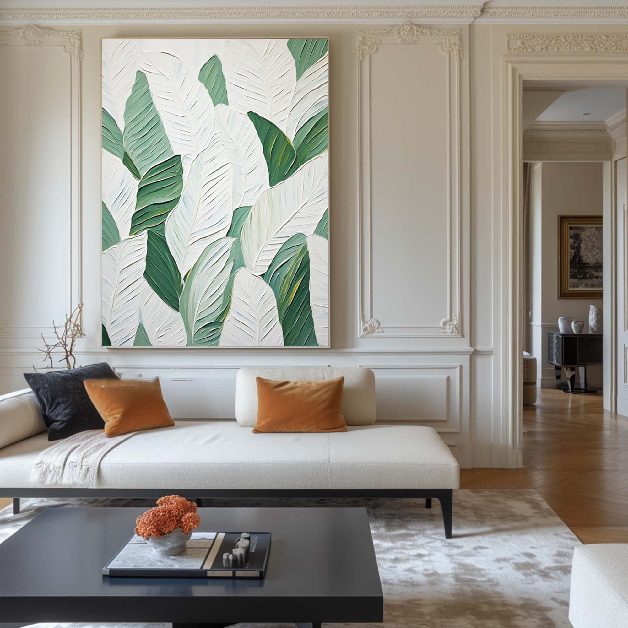 Leaf Symphony: Green and White Botanical Wall Art #BGM 050 - Image 2