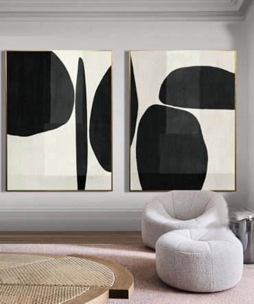 Elegant Minimalist Abstract Art Diptych Black and White Canvas Set #BWS 013
