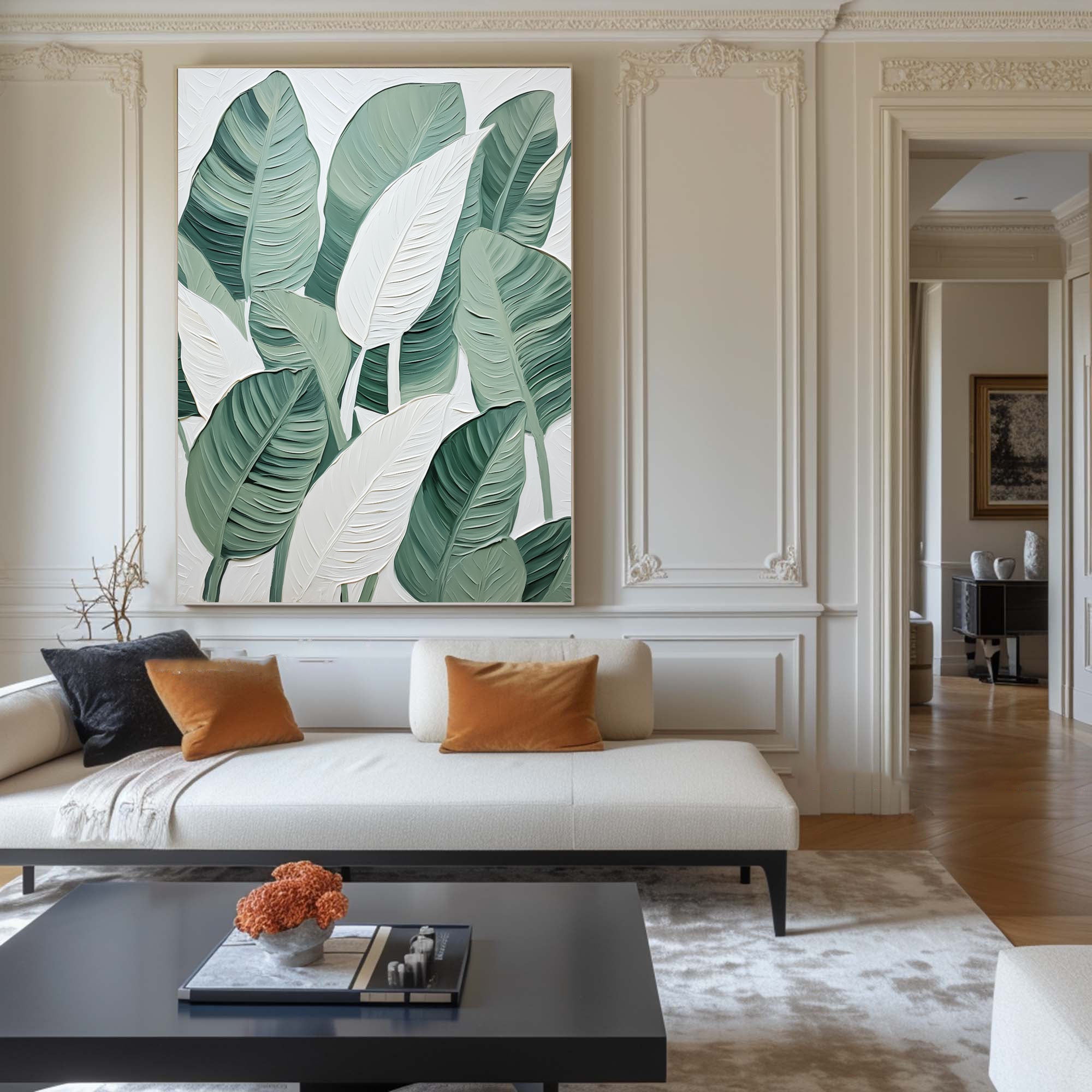 Leaf Symphony: Green and White Botanical Wall Art #BGM 049 - Image 2