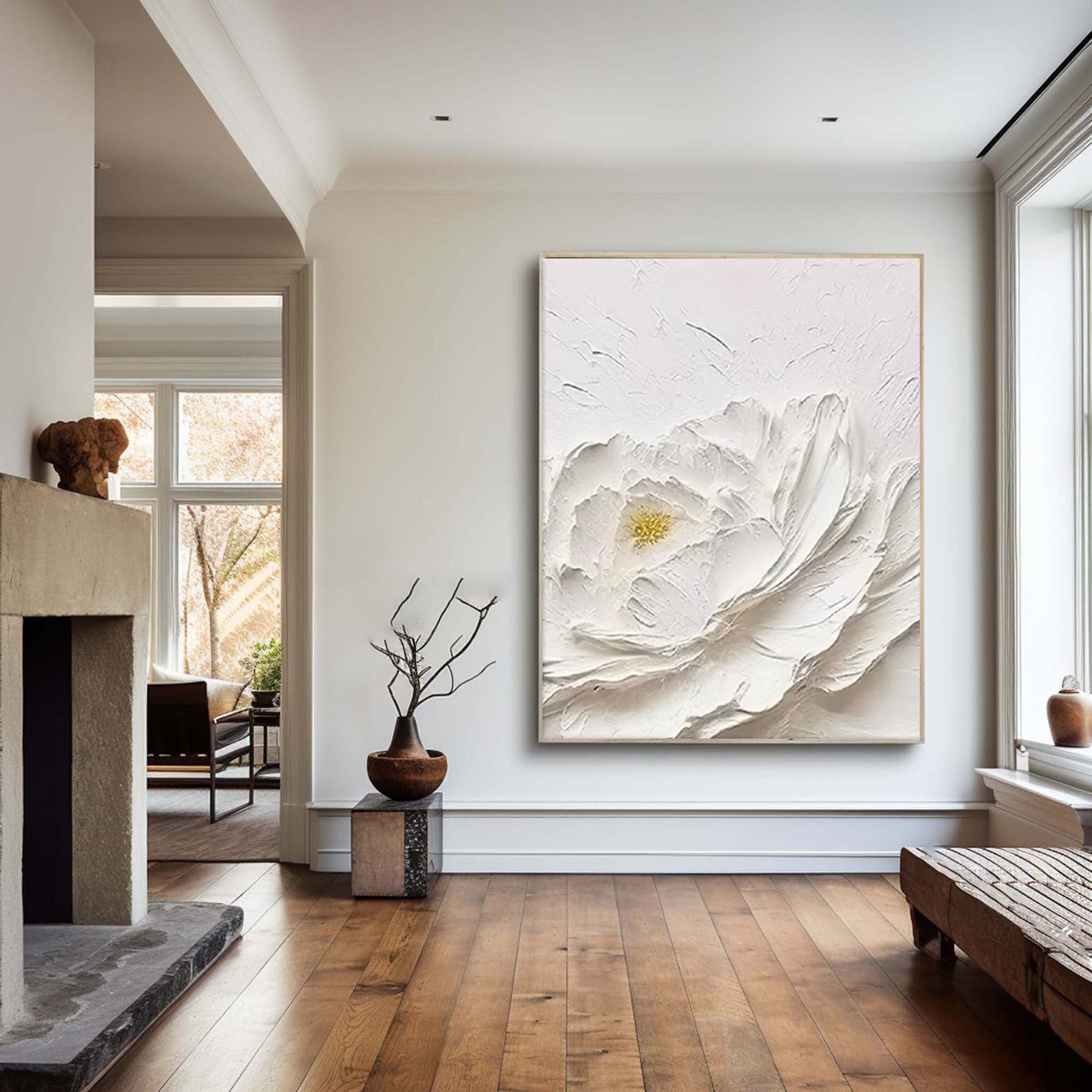 Textured Petals: White Flower Relief, Sculptural Floral Art #BGA 196 - Image 5