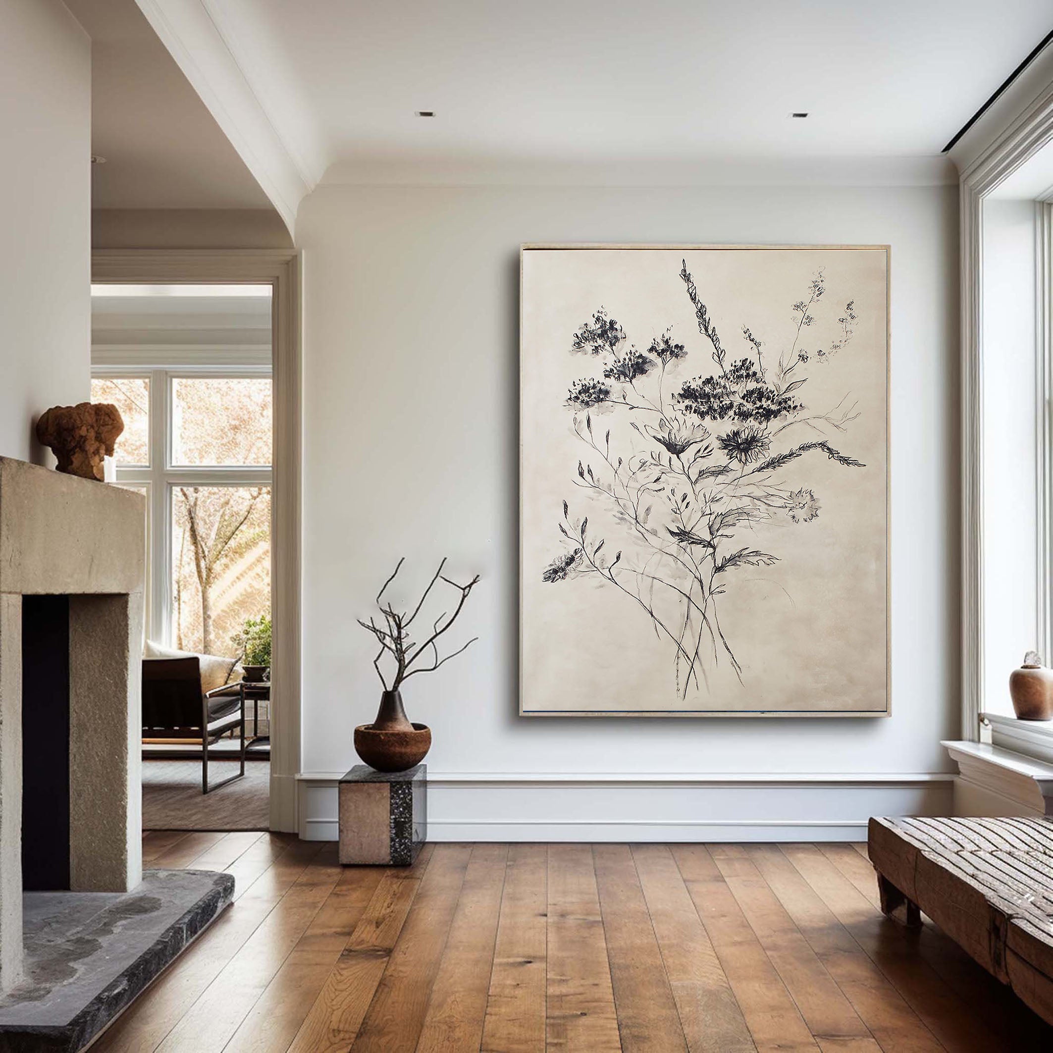 Beige Flower Drawing With Black Line, Contemporary Wall Art #BGA 095 - Image 9