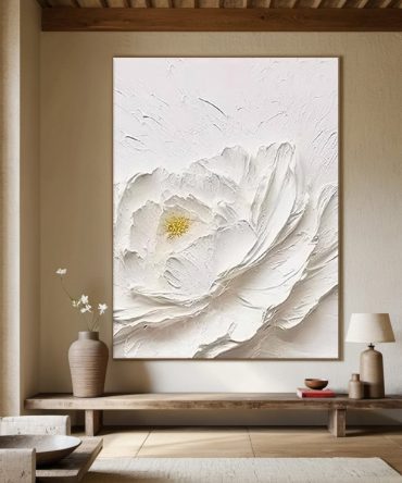 Textured Petals: White Flower Relief, Sculptural Floral Art #BGA 196