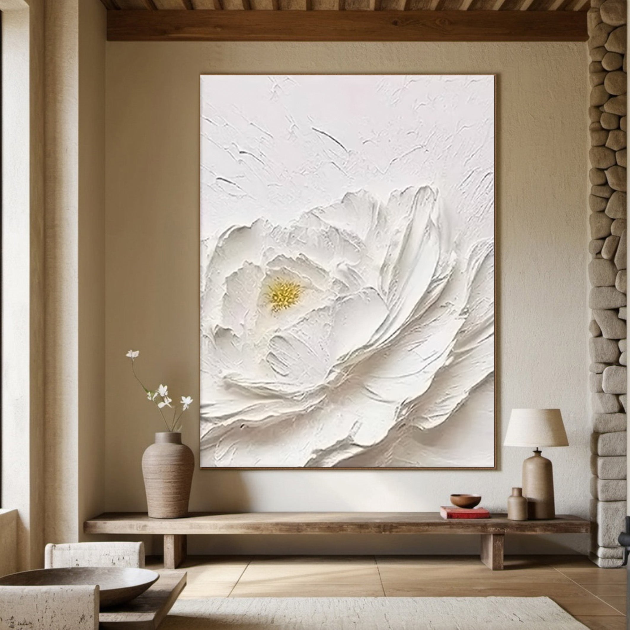 Textured Petals: White Flower Relief, Sculptural Floral Art #BGA 196