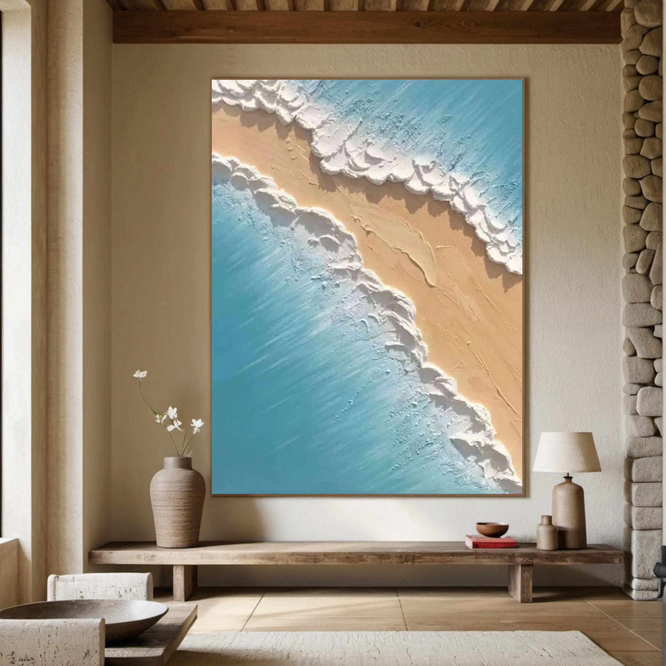 Contemporary Overhead Beach Painting, Tactile Shoreline Art #BGA 246