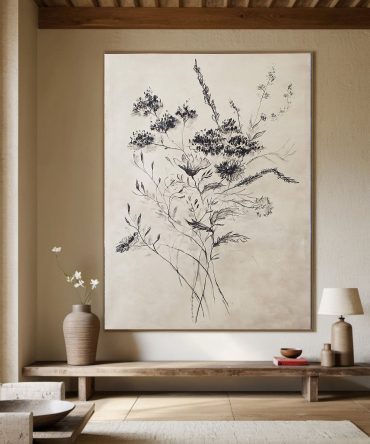 Beige Flower Drawing With Black Line, Contemporary Wall Art #BGA 095