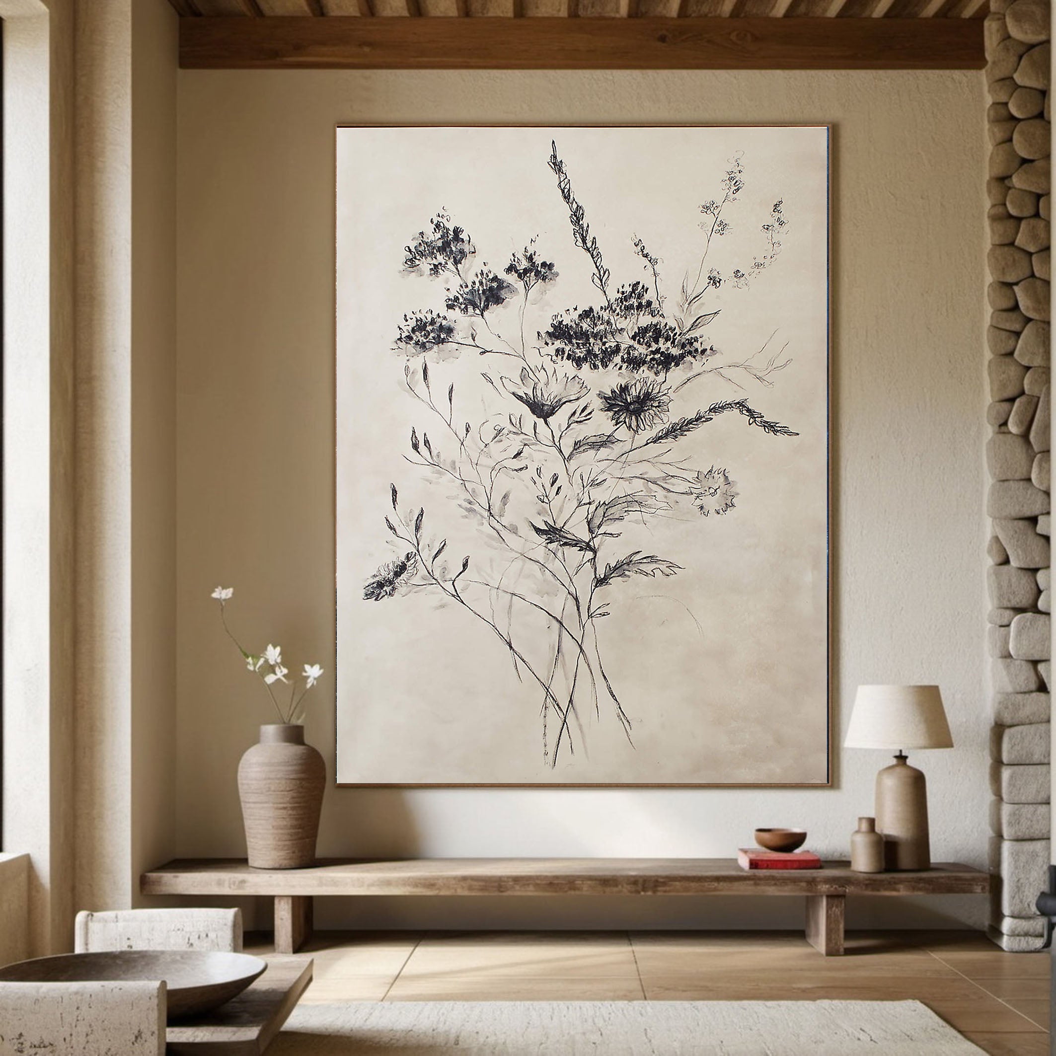 Beige Flower Drawing With Black Line, Contemporary Wall Art #BGA 095
