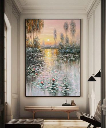 Sunset Bloom: Impressionistic Lily Pond, Vibrant Landscape Art #BGA 181