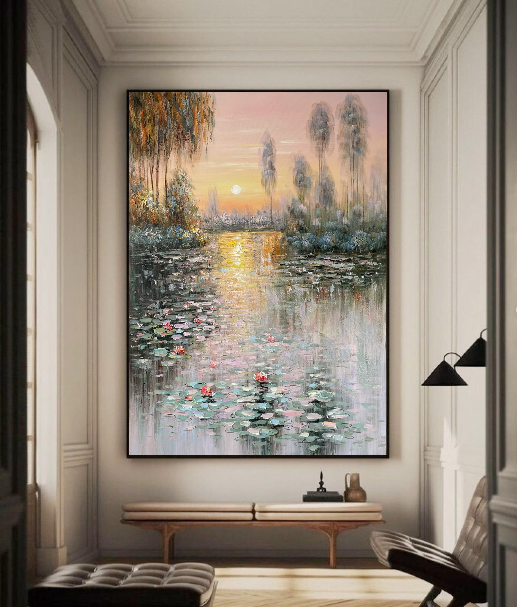 Sunset Bloom: Impressionistic Lily Pond, Vibrant Landscape Art #BGA 181