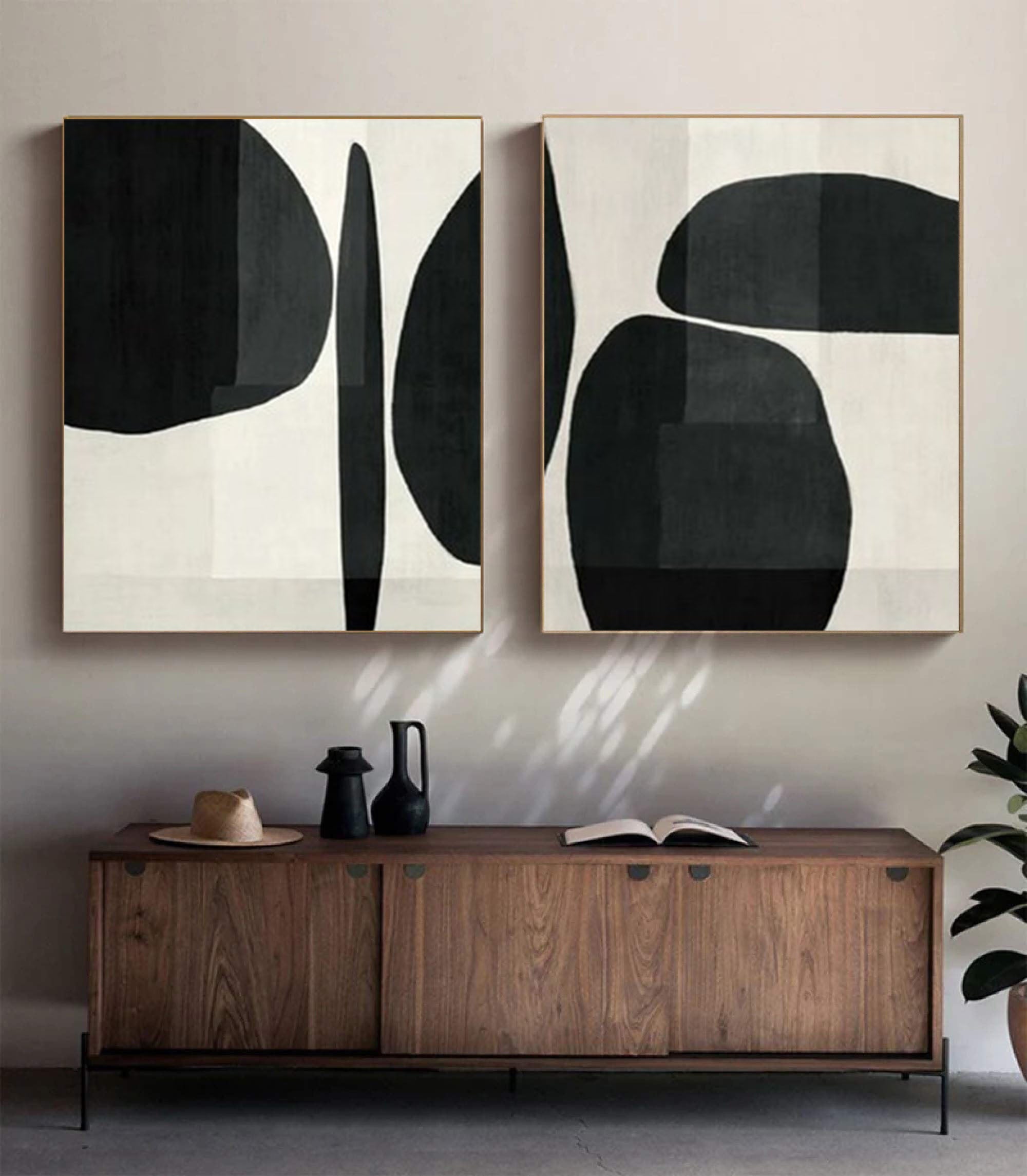 Elegant Minimalist Abstract Art Diptych Black and White Canvas Set #BWS 013 - Image 2