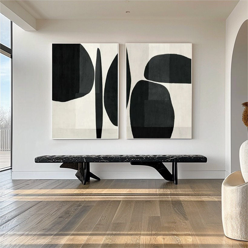 Elegant Minimalist Abstract Art Diptych Black and White Canvas Set #BWS 013 - Image 3