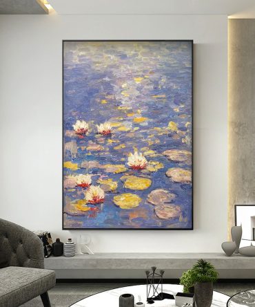 Water Lilies in Blue and Purple, Impressionistic Wall Art #BGA 067