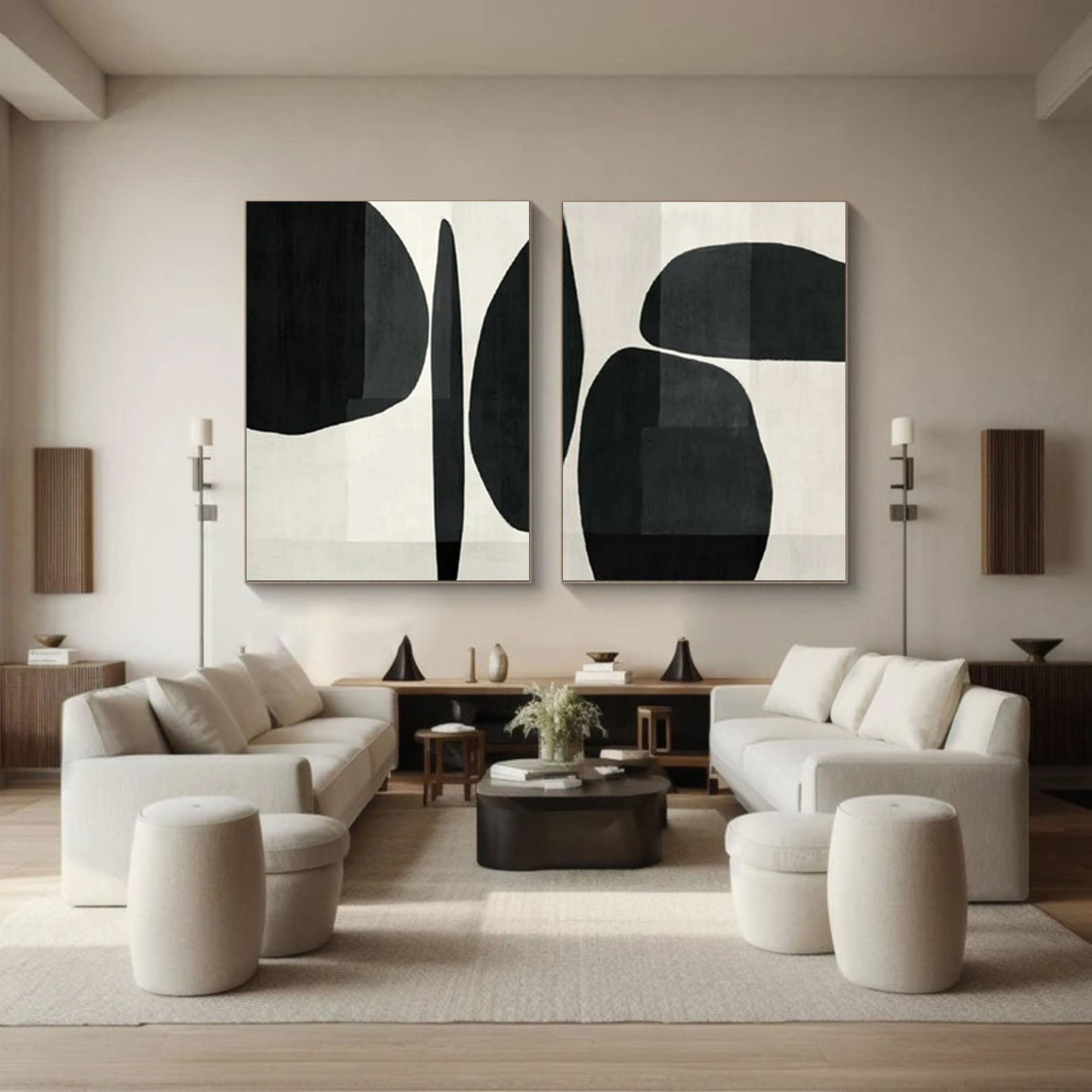 Elegant Minimalist Abstract Art Diptych Black and White Canvas Set #BWS 013 - Image 4