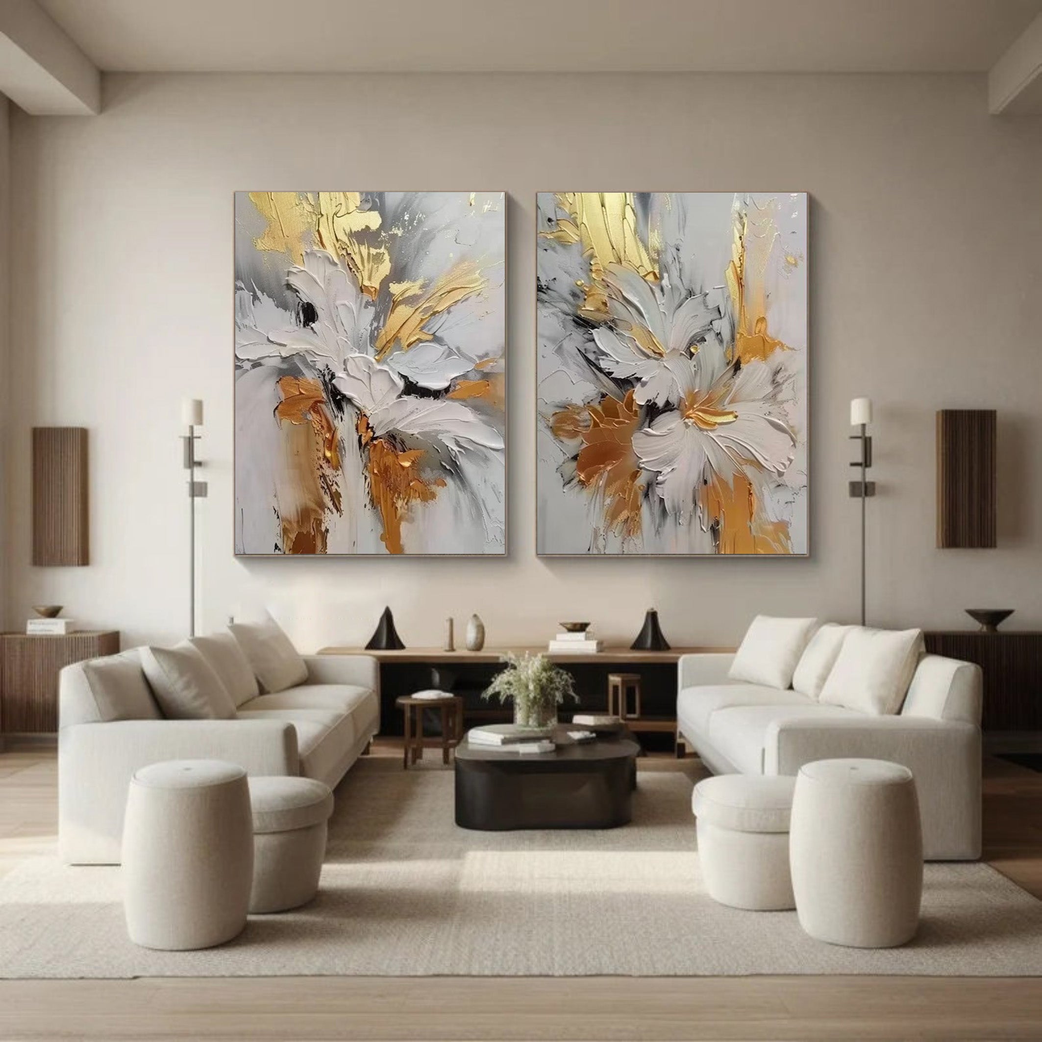 Gilded Bloom: Set of Two 3D Floral Art, Gold Accent Texture #BGA 214 - Image 5