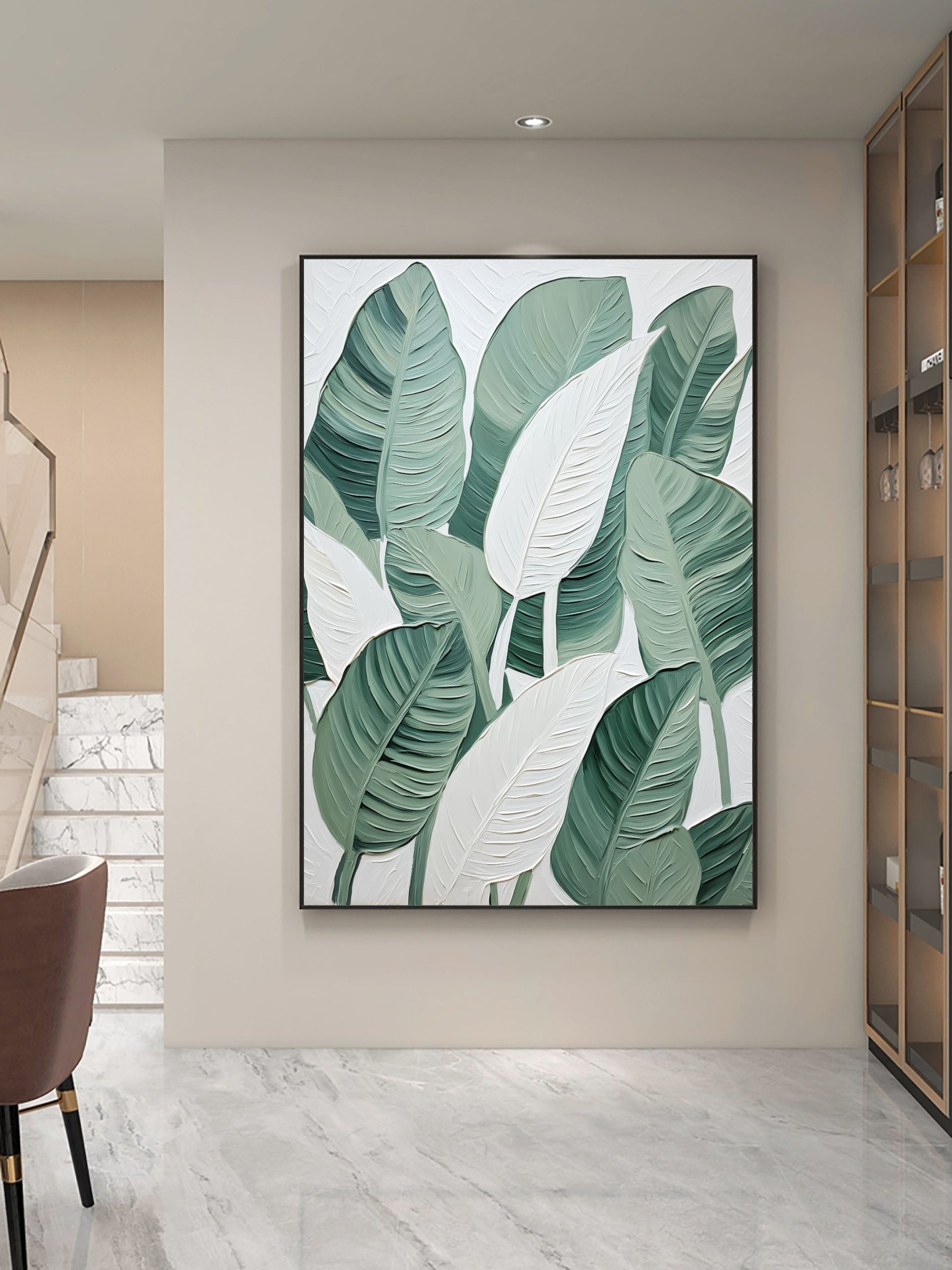Leaf Symphony: Green and White Botanical Wall Art #BGM 049 - Image 4