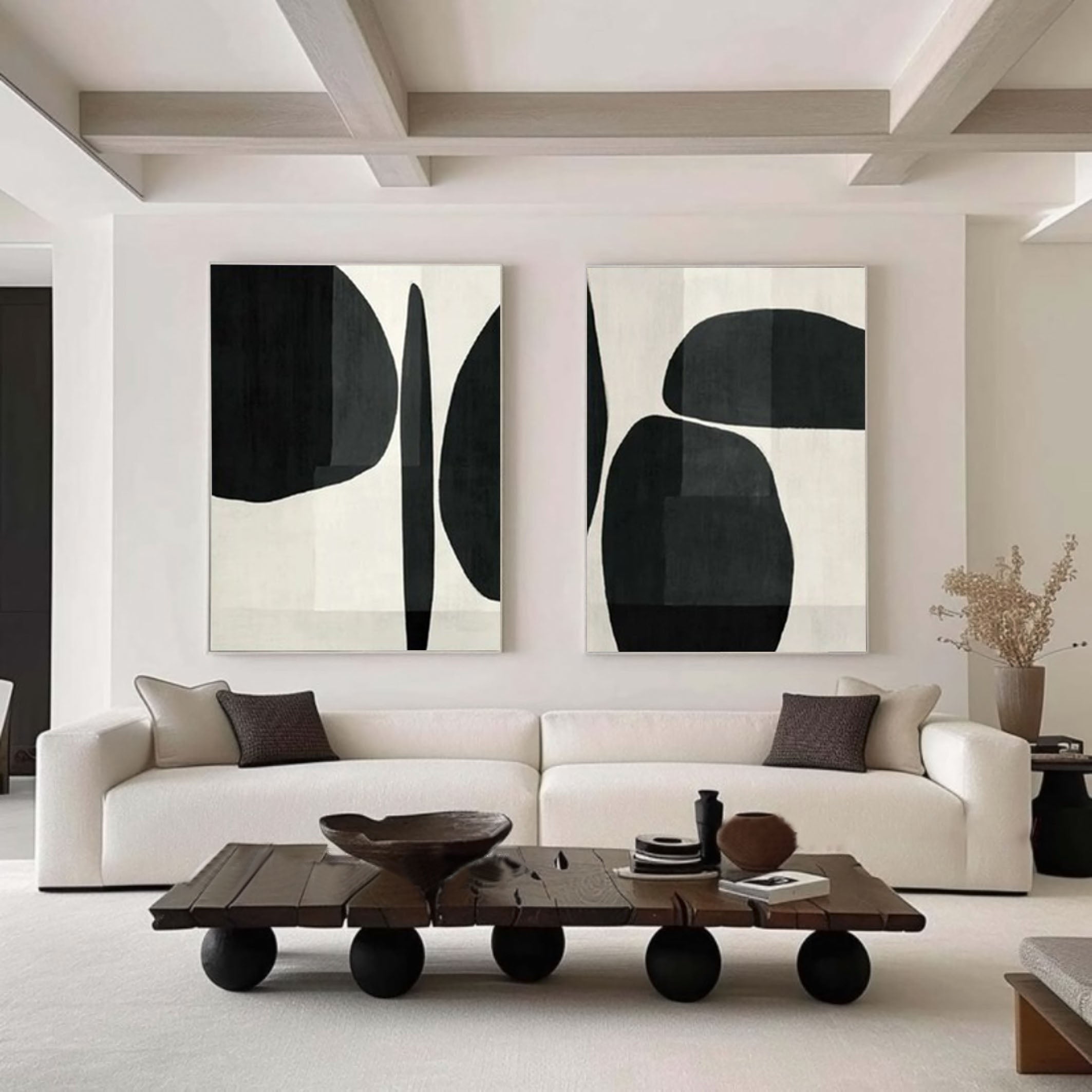Elegant Minimalist Abstract Art Diptych Black and White Canvas Set #BWS 013 - Image 5
