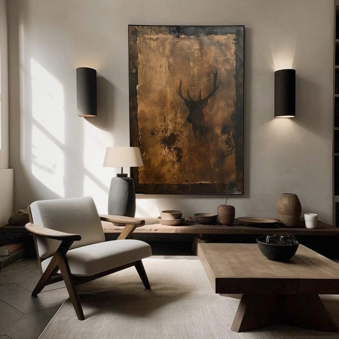 Wabi-Sabi Textured Canvas with Deer Abstract, Rustic Wall Art #BGA 134 - Image 4