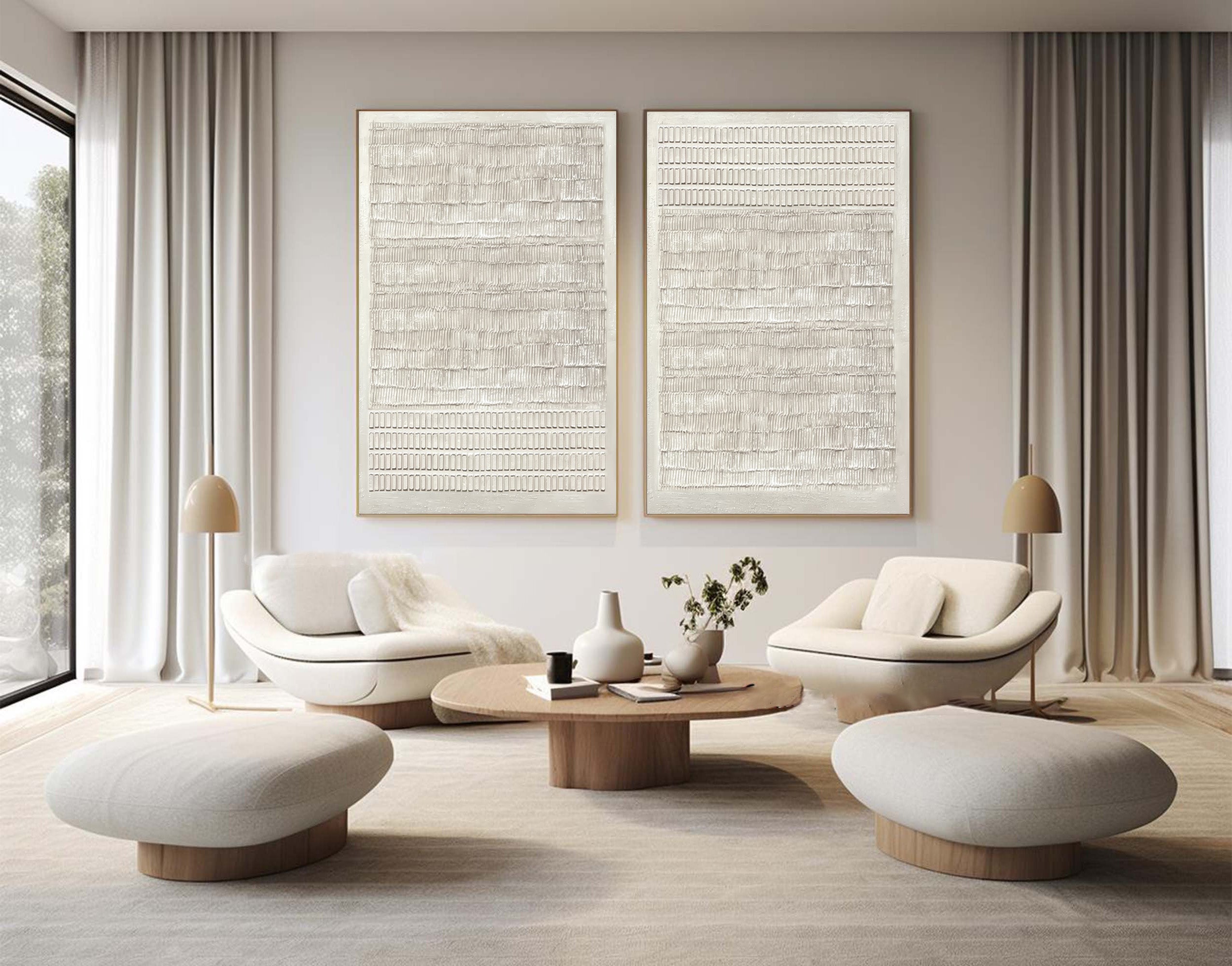 Abstract White Impasto Painting Duo Vertical Accent #WG 035