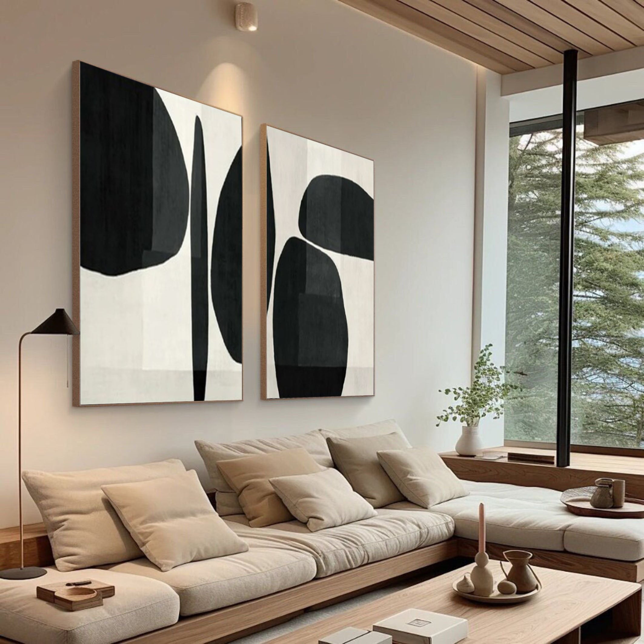 Elegant Minimalist Abstract Art Diptych Black and White Canvas Set #BWS 013 - Image 6