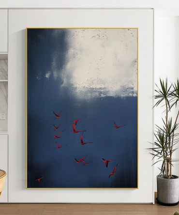 Surreal Dark Blue Sky With Red Birds, Unique Wall Decor #BGA 142