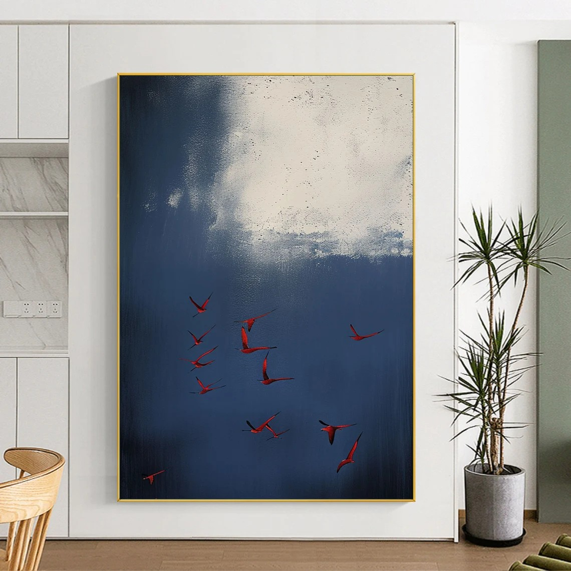 Surreal Dark Blue Sky With Red Birds, Unique Wall Decor #BGA 142