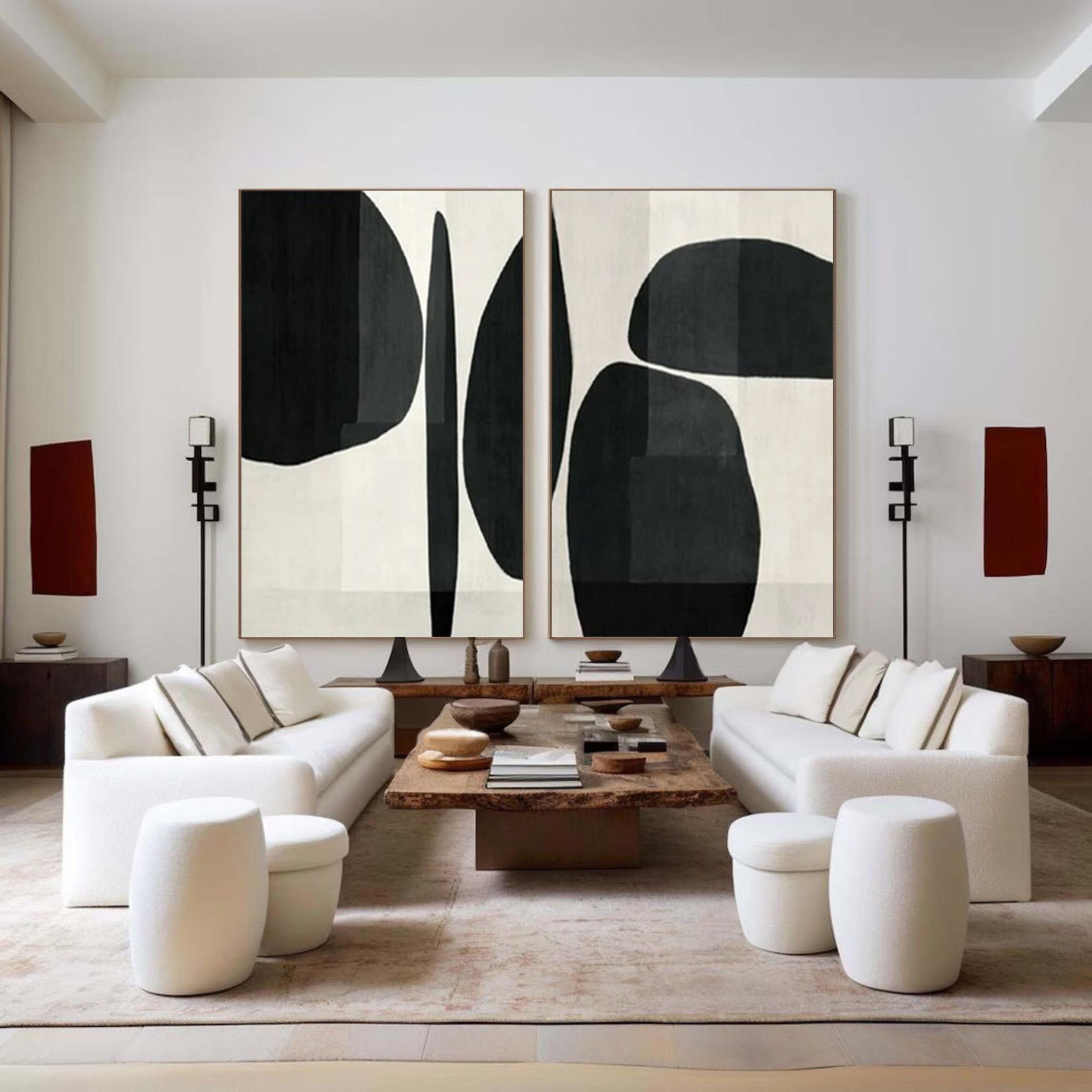 Elegant Minimalist Abstract Art Diptych Black and White Canvas Set #BWS 013 - Image 7