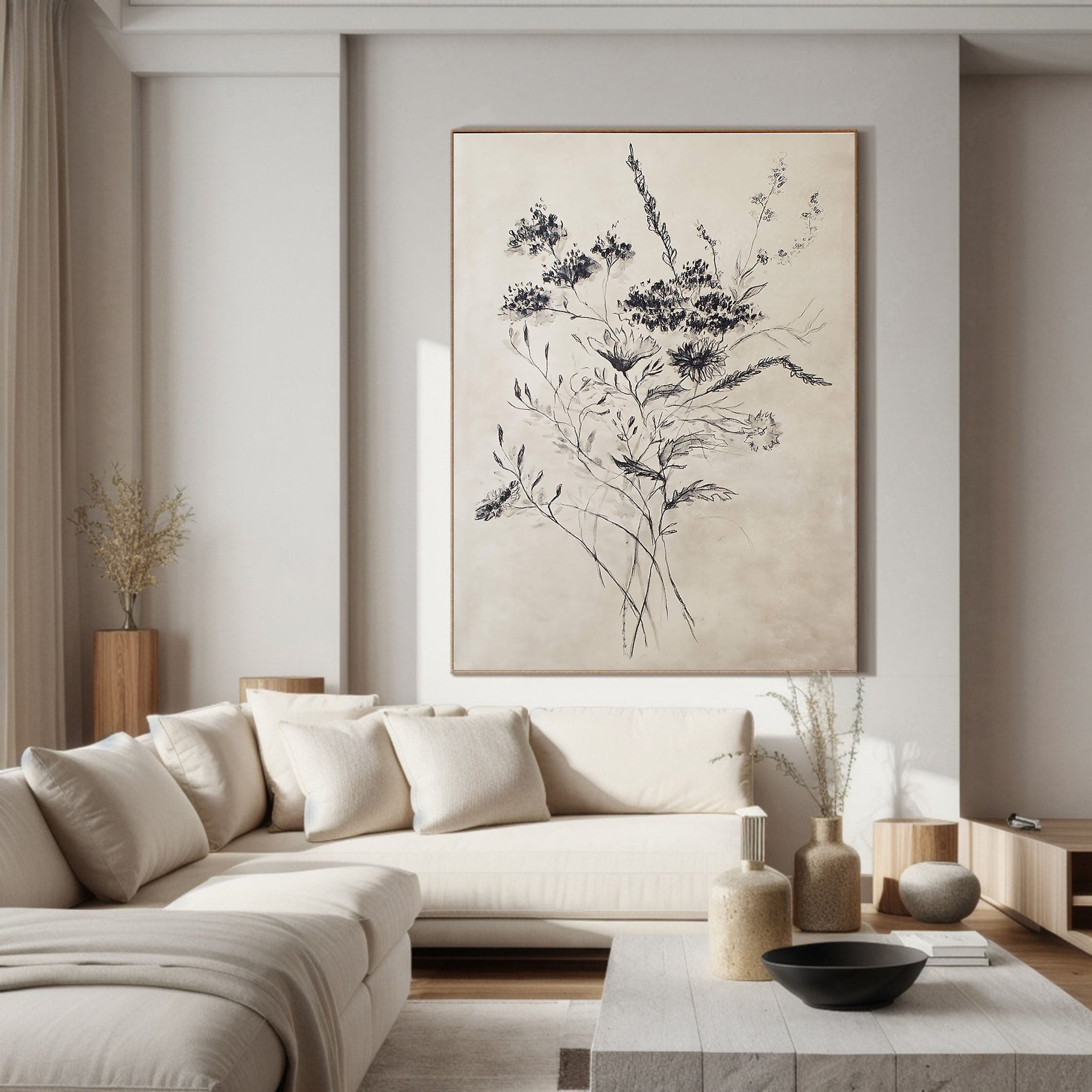 Beige Flower Drawing With Black Line, Contemporary Wall Art #BGA 095 - Image 5