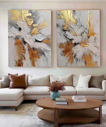 Gilded Bloom: Set of Two 3D Floral Art, Gold Accent Texture #BGA 214