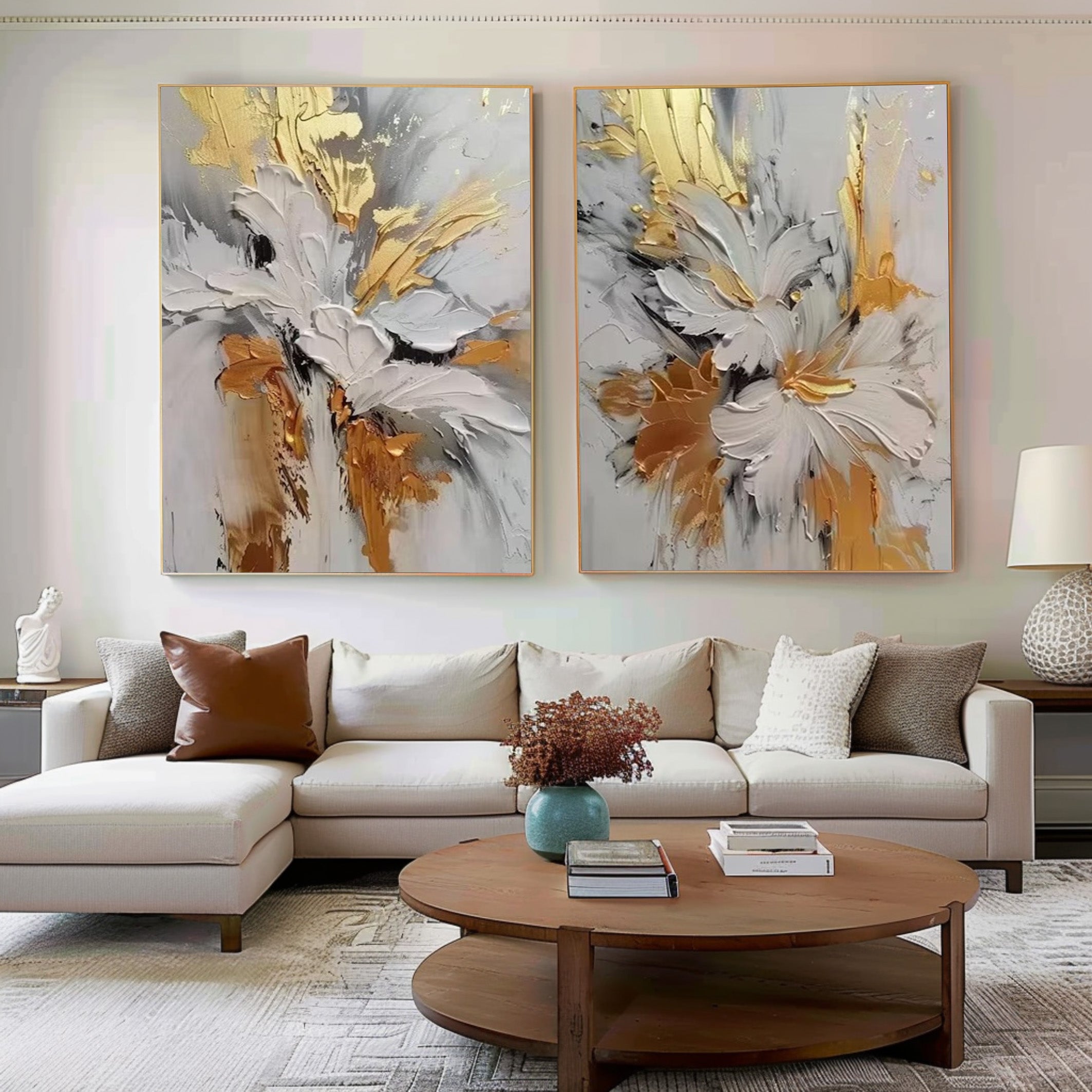Gilded Bloom: Set of Two 3D Floral Art, Gold Accent Texture #BGA 214