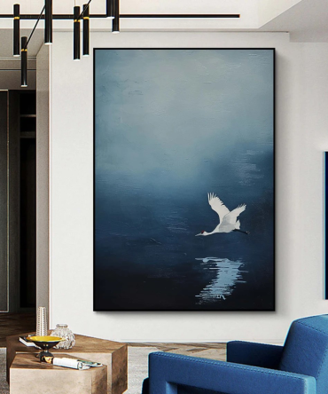 Tranquil Blue Minimalist Landscape Art With Crane in Flight #BGA 150