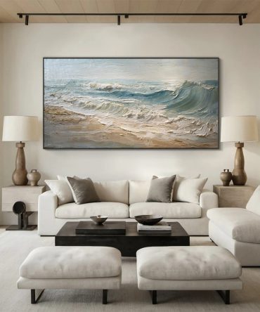 Textured Seascape Painting Blue White Sand Modern #WG 039