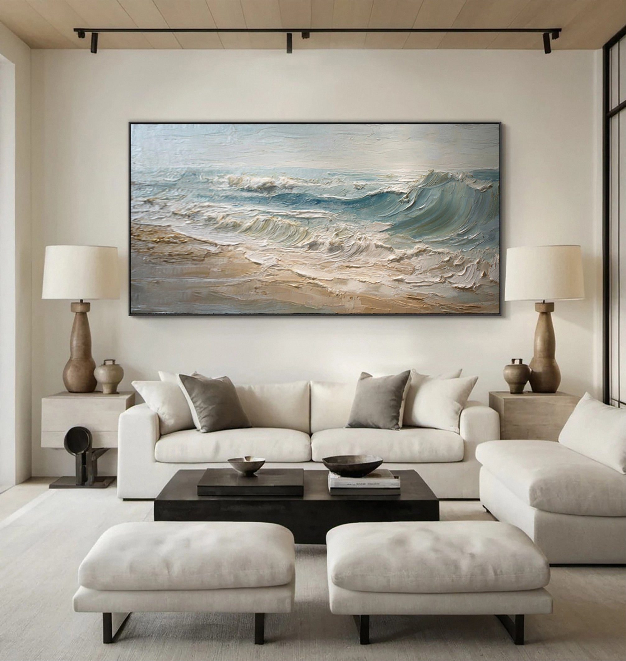 Textured Seascape Painting Blue White Sand Modern #WG 039