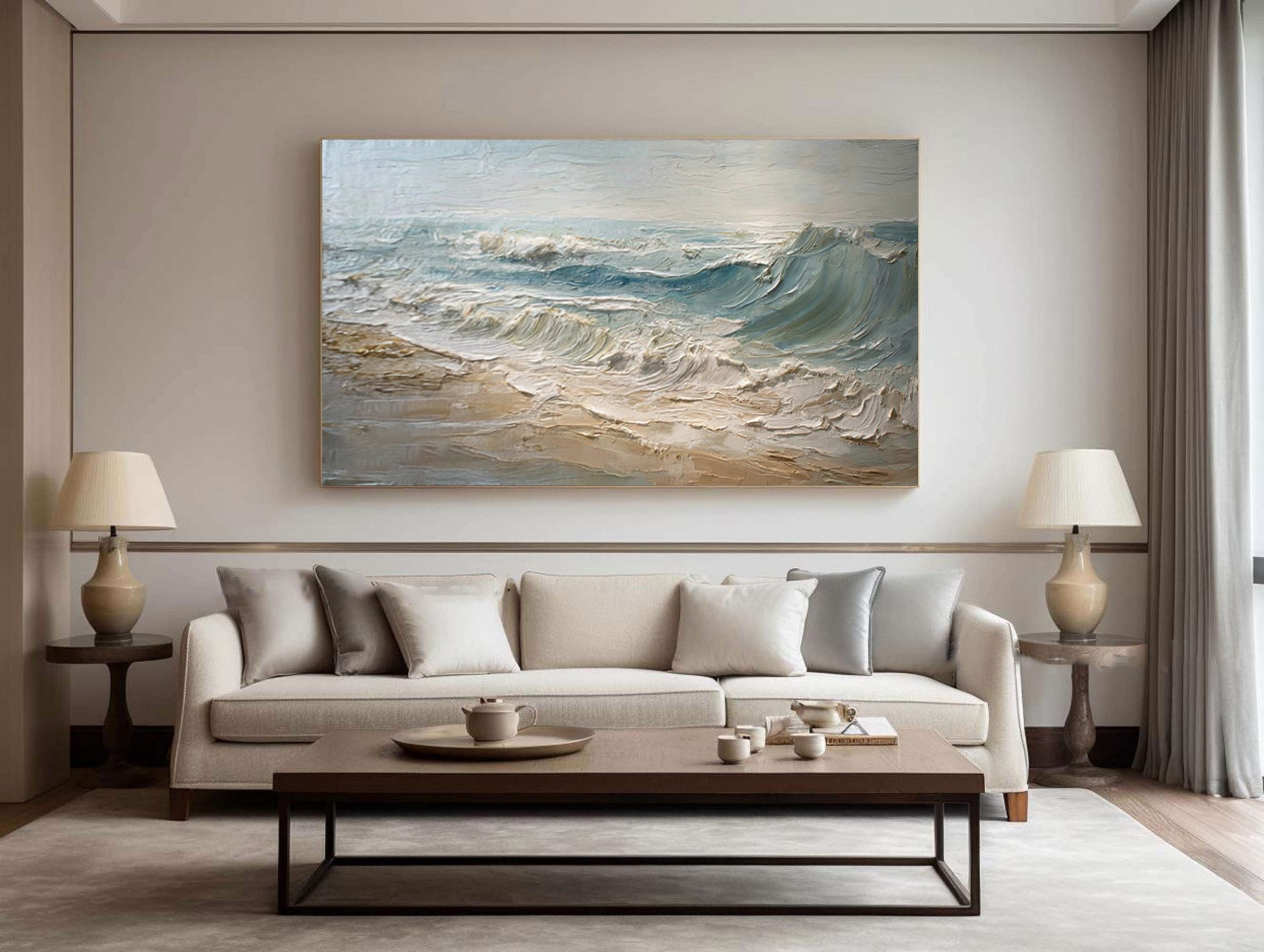 Textured Seascape Painting Blue White Sand Modern #WG 039 - Image 2