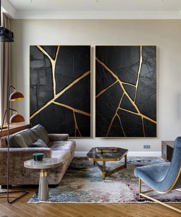 Luxury Textured Wall Art in Black and Gold for Upscale Interior Design Set Of 2 #BMS 008