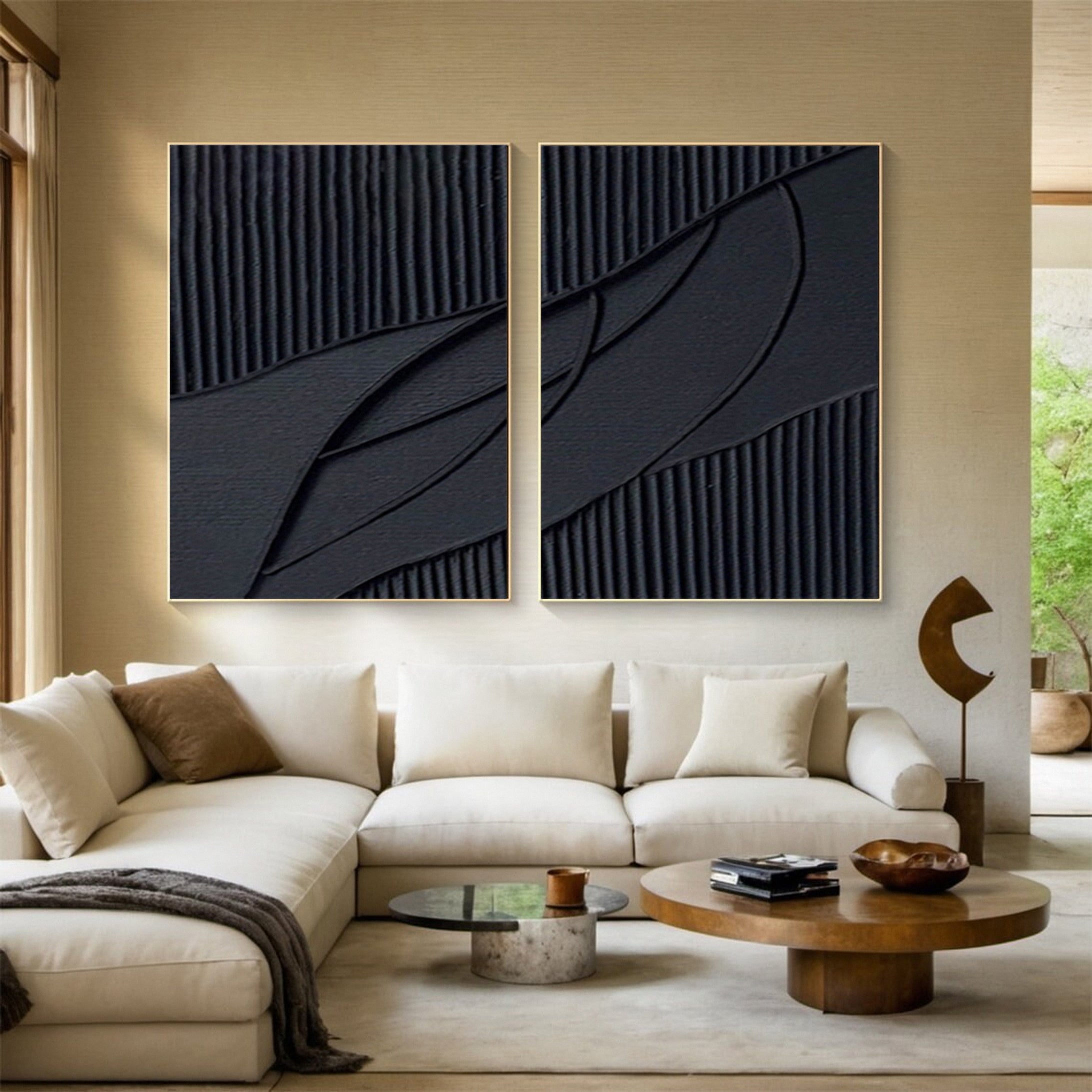 Monochrome Elegance Textured Black Abstract Wall Art Set Of 2 #BMS 009 - Image 2