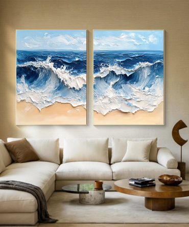 Modern Maritime Canvas Luxurious Textured Ocean Waves Art Set Of 2 #BBS 029