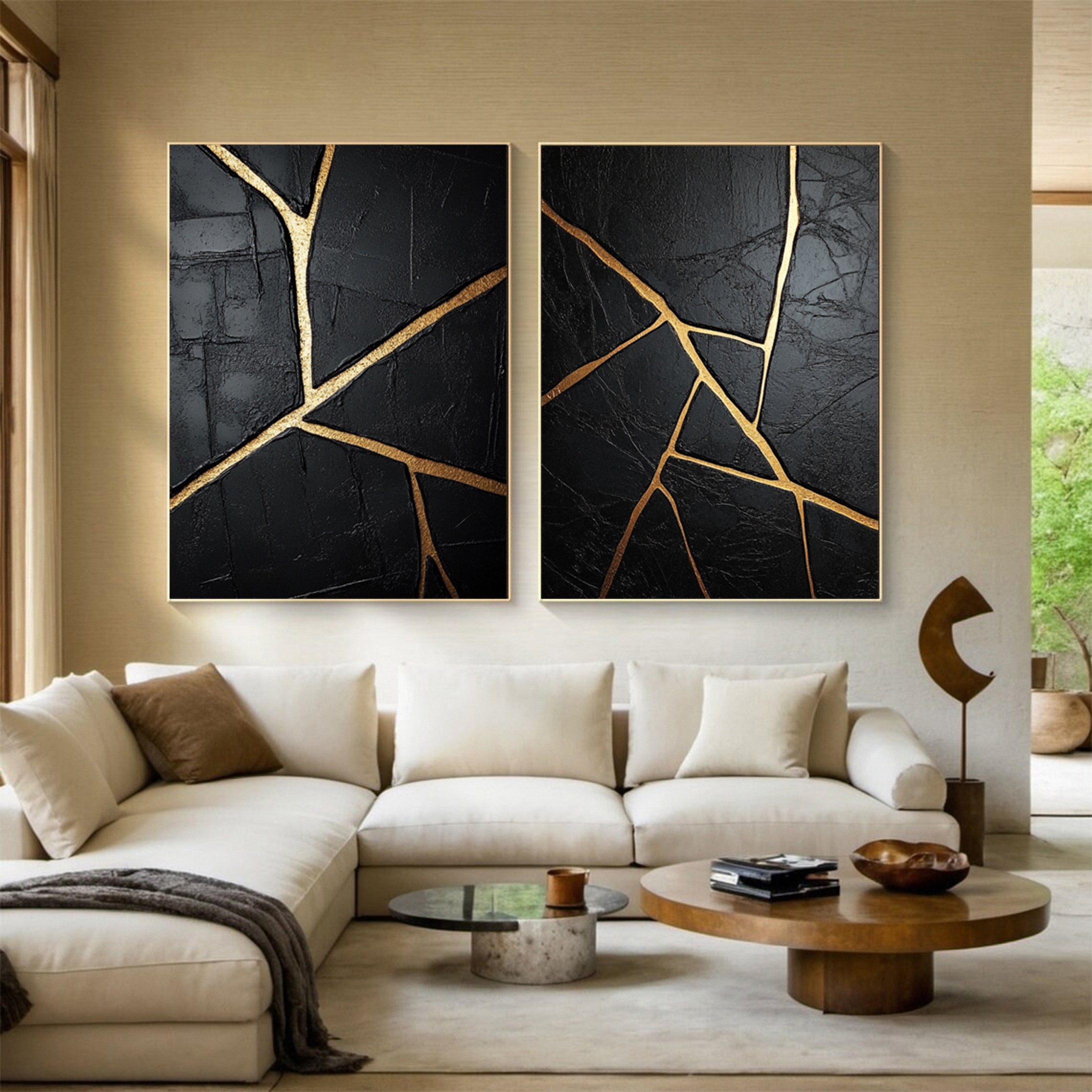 Luxury Textured Wall Art in Black and Gold for Upscale Interior Design Set Of 2 #BMS 008 - Image 2