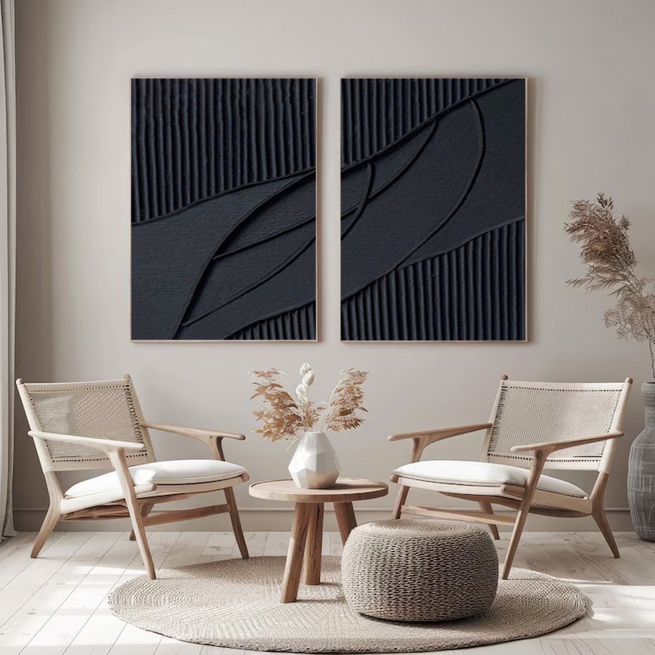 Monochrome Elegance Textured Black Abstract Wall Art Set Of 2 #BMS 009 - Image 3