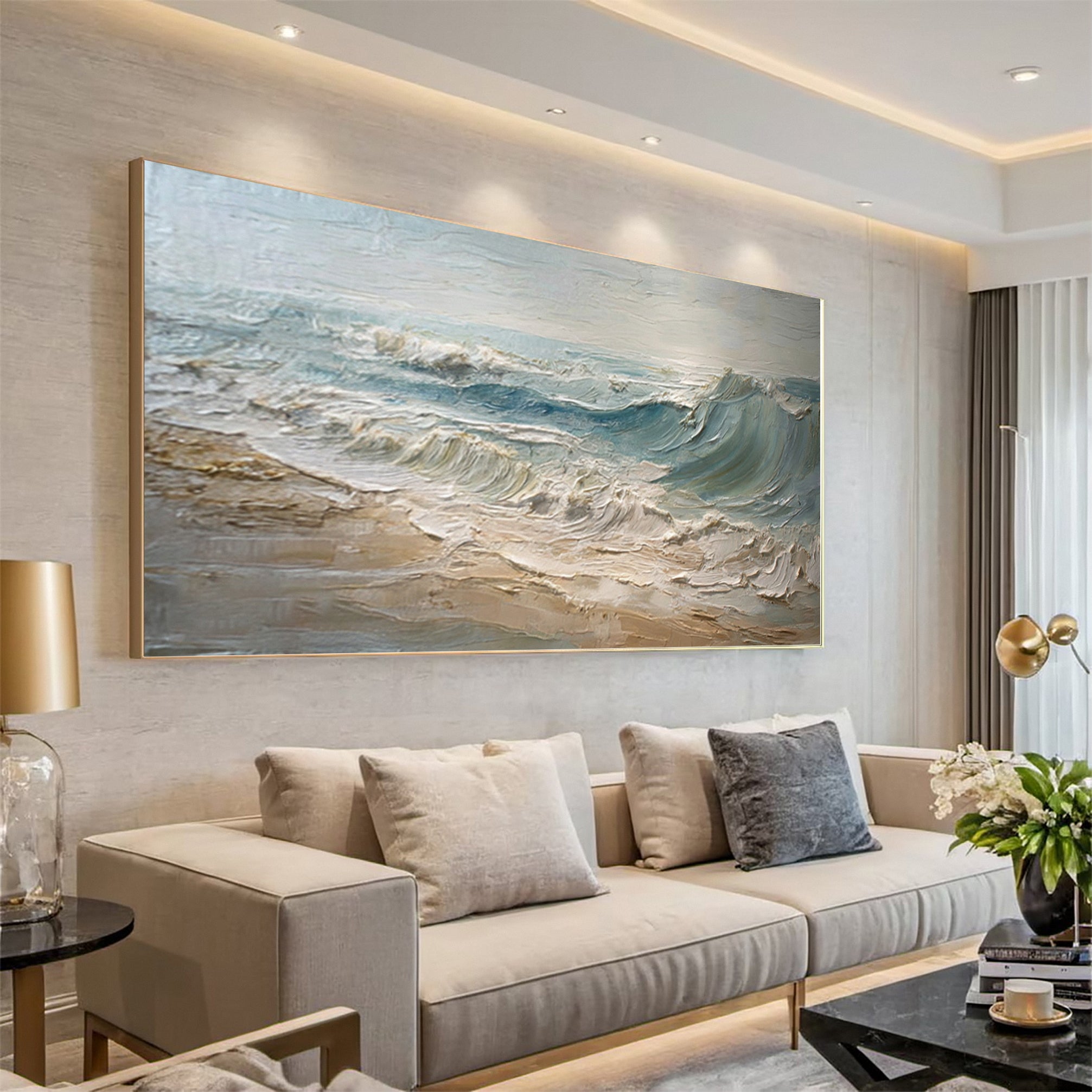 Textured Seascape Painting Blue White Sand Modern #WG 039 - Image 6