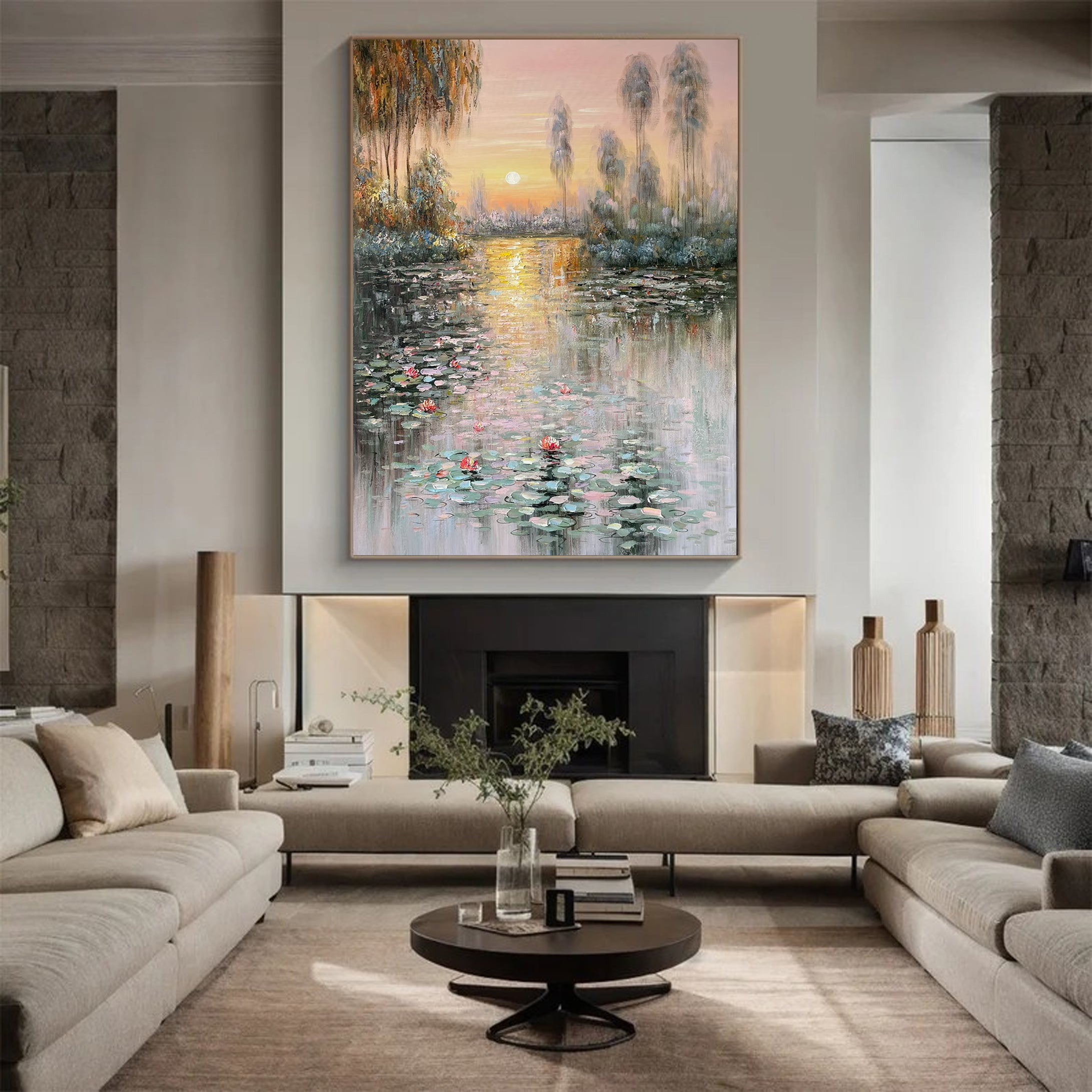 Sunset Bloom: Impressionistic Lily Pond, Vibrant Landscape Art #BGA 181 - Image 8