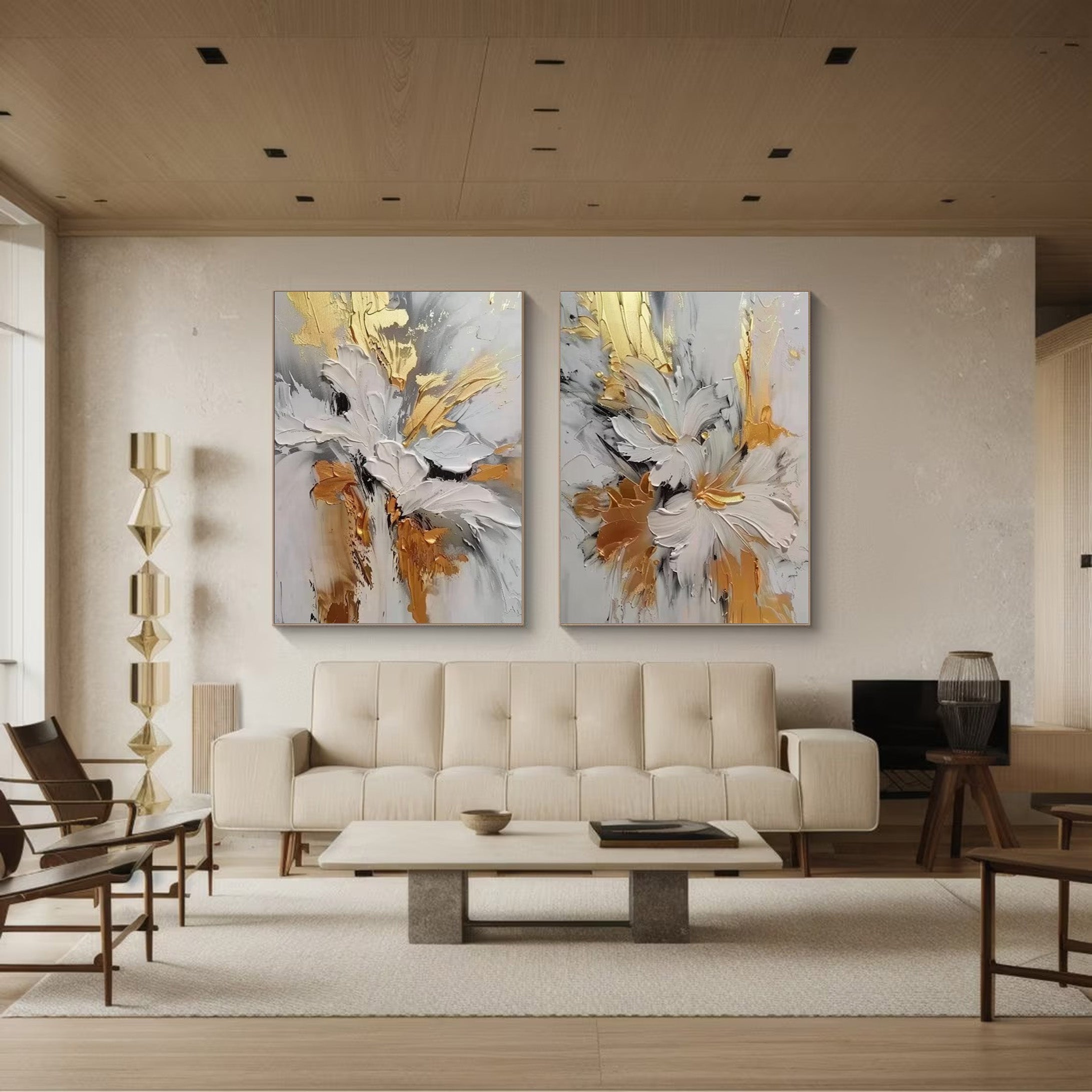Gilded Bloom: Set of Two 3D Floral Art, Gold Accent Texture #BGA 214 - Image 8