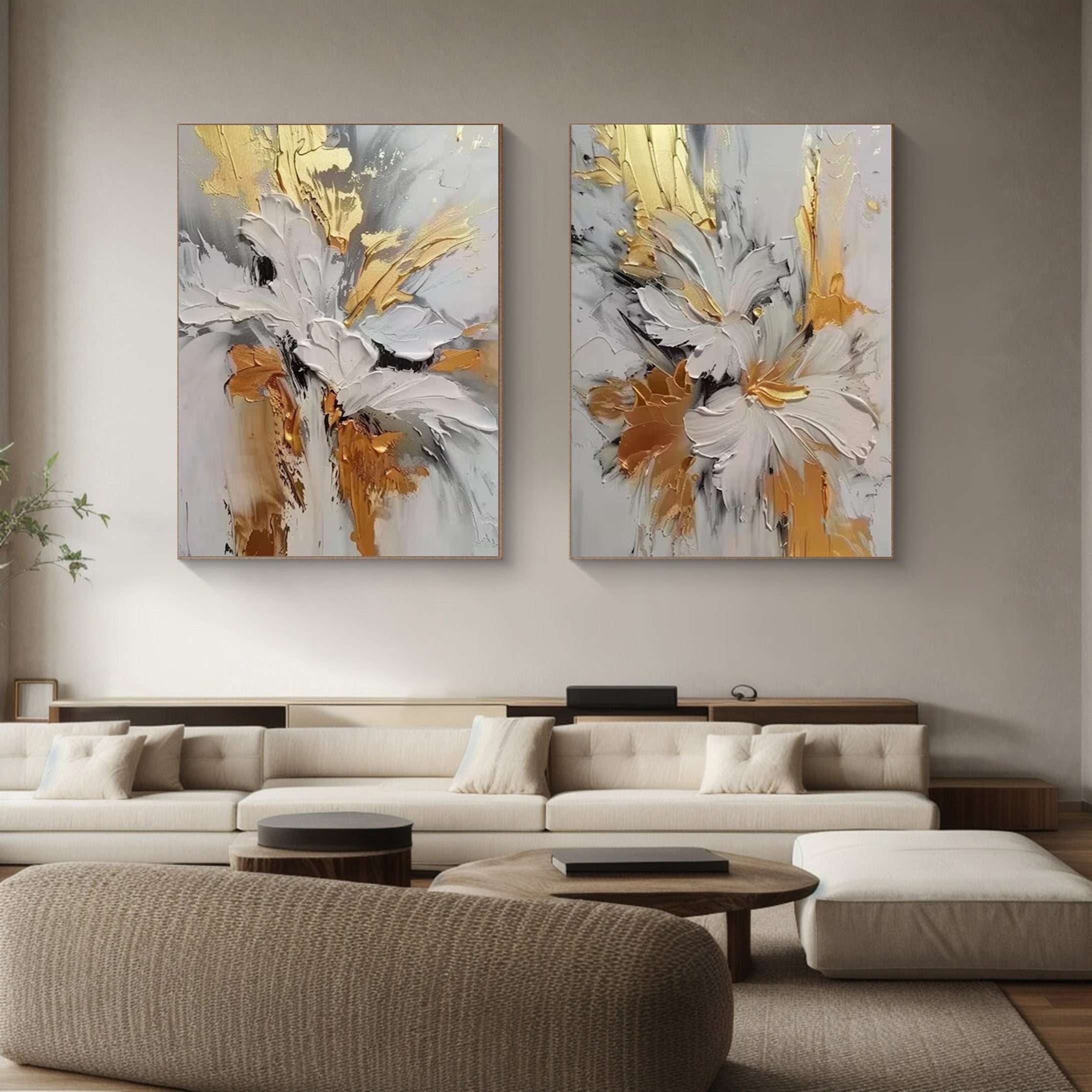 Gilded Bloom: Set of Two 3D Floral Art, Gold Accent Texture #BGA 214 - Image 9