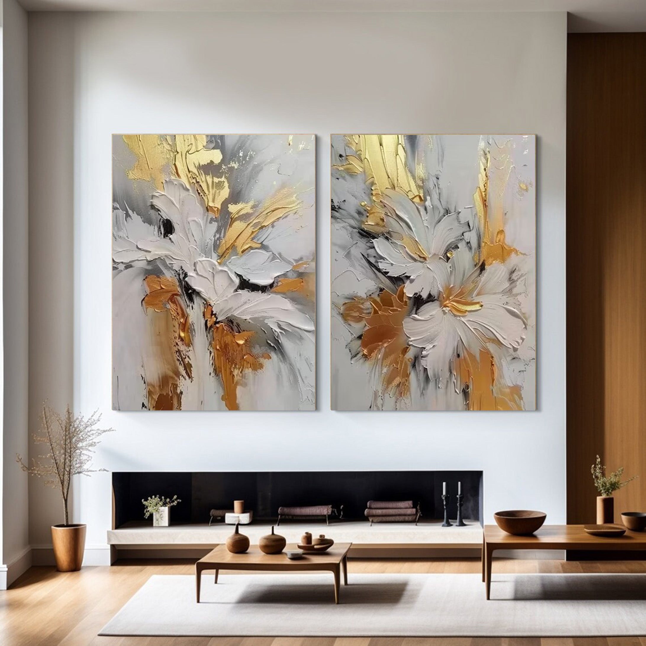 Gilded Bloom: Set of Two 3D Floral Art, Gold Accent Texture #BGA 214 - Image 2