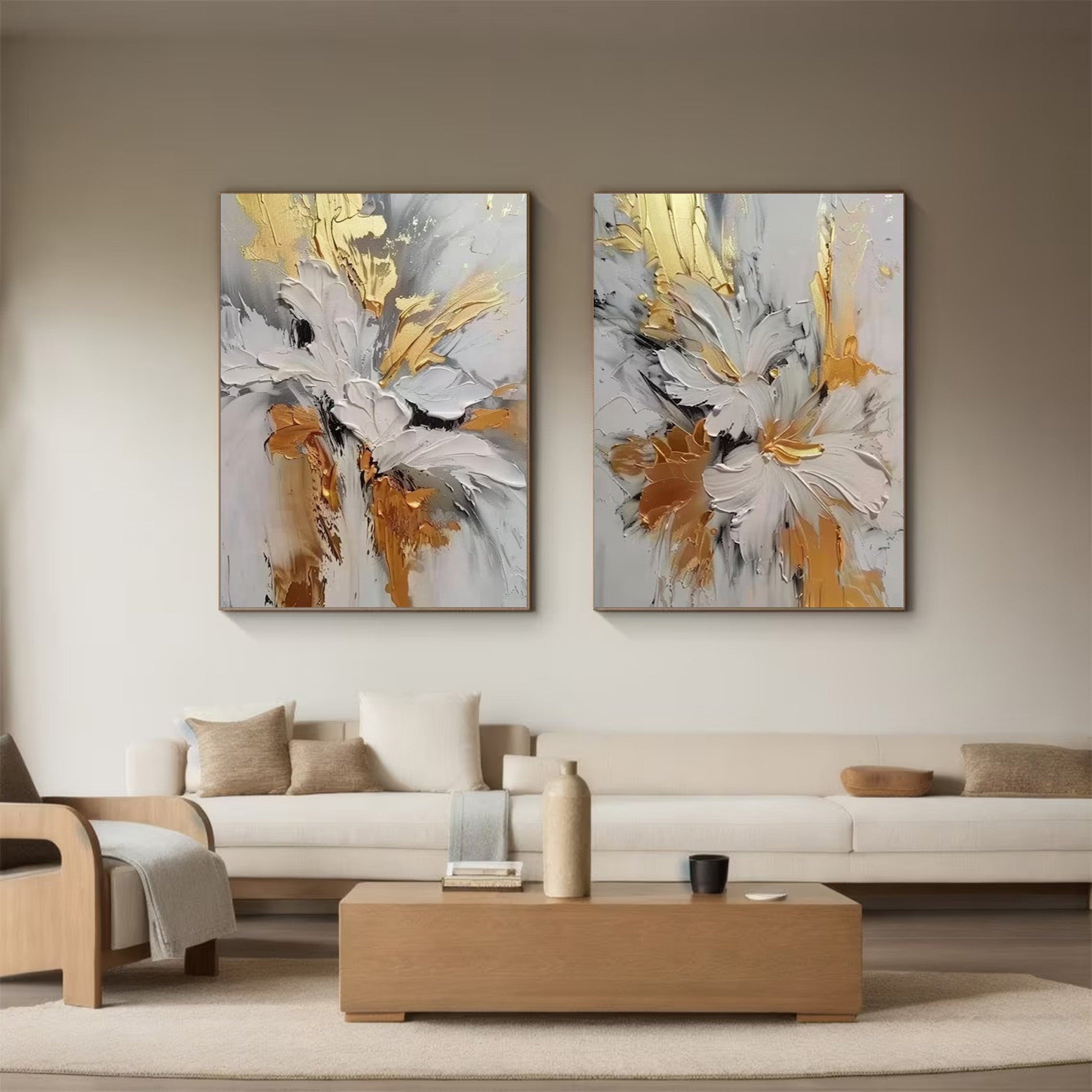 Gilded Bloom: Set of Two 3D Floral Art, Gold Accent Texture #BGA 214 - Image 10
